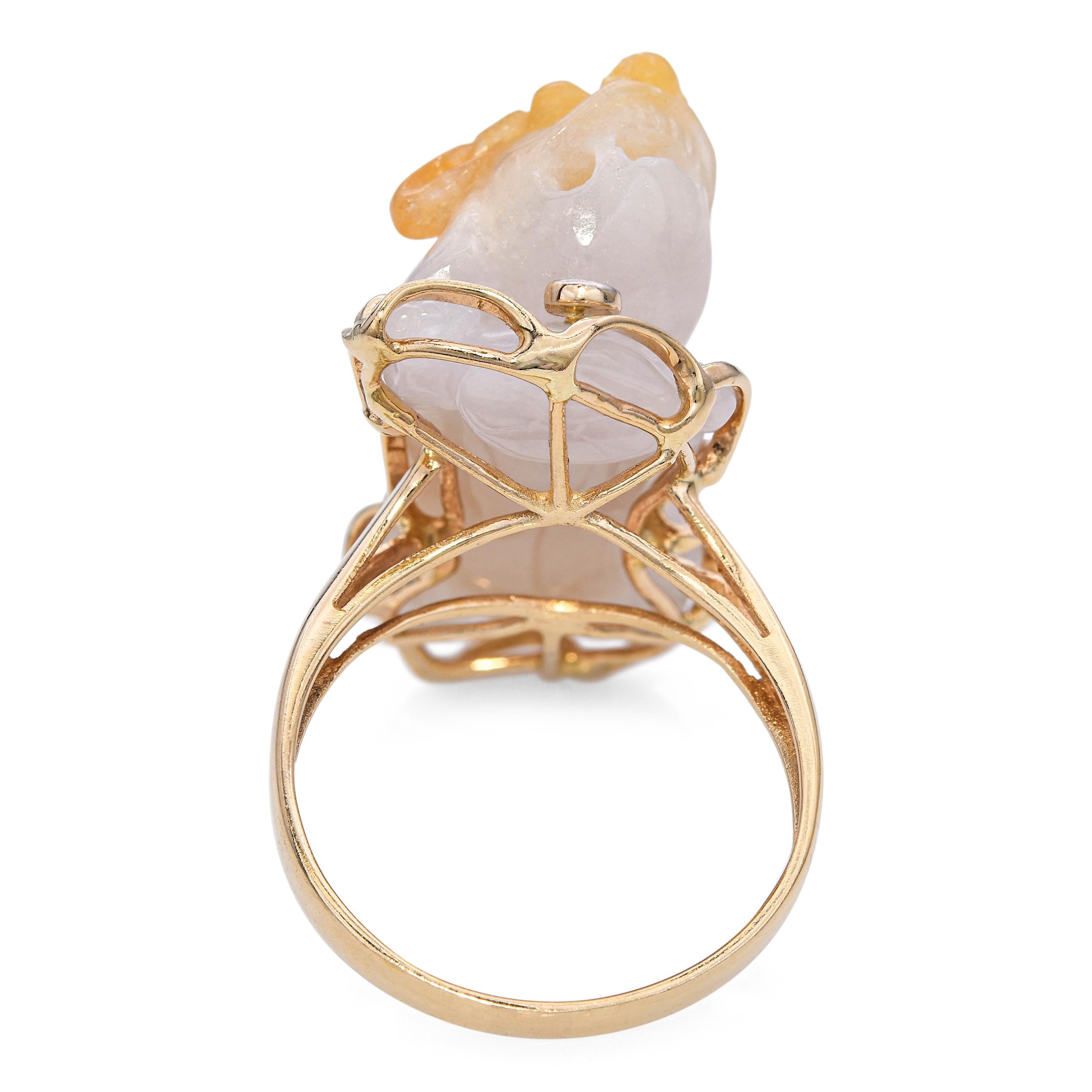 Vintage 14k Yellow Gold Carved Jade Foo Dog and Diamond Ring