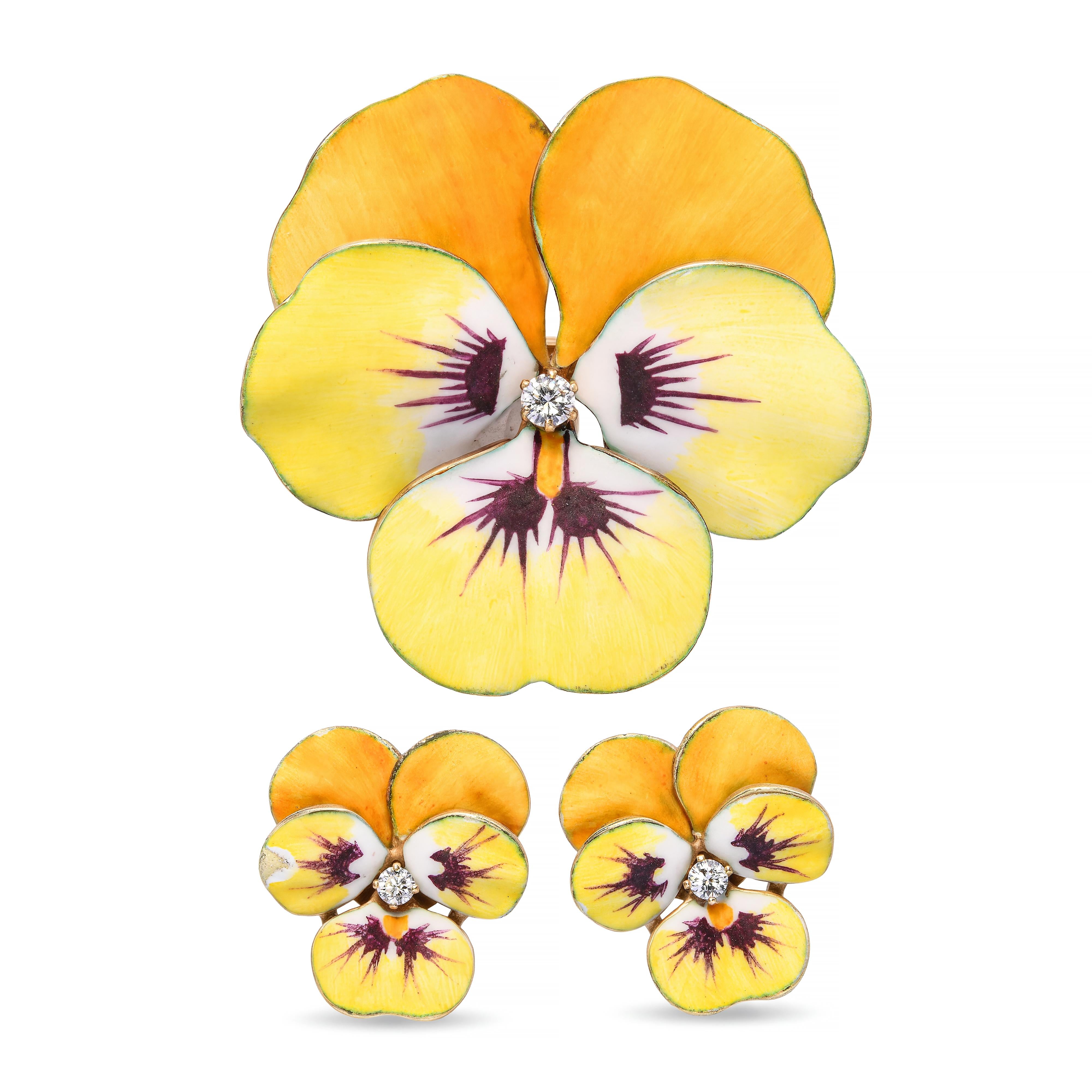 Antique 14k Yellow Gold Enamel and Diamond Pansy Brooch and Earring Set