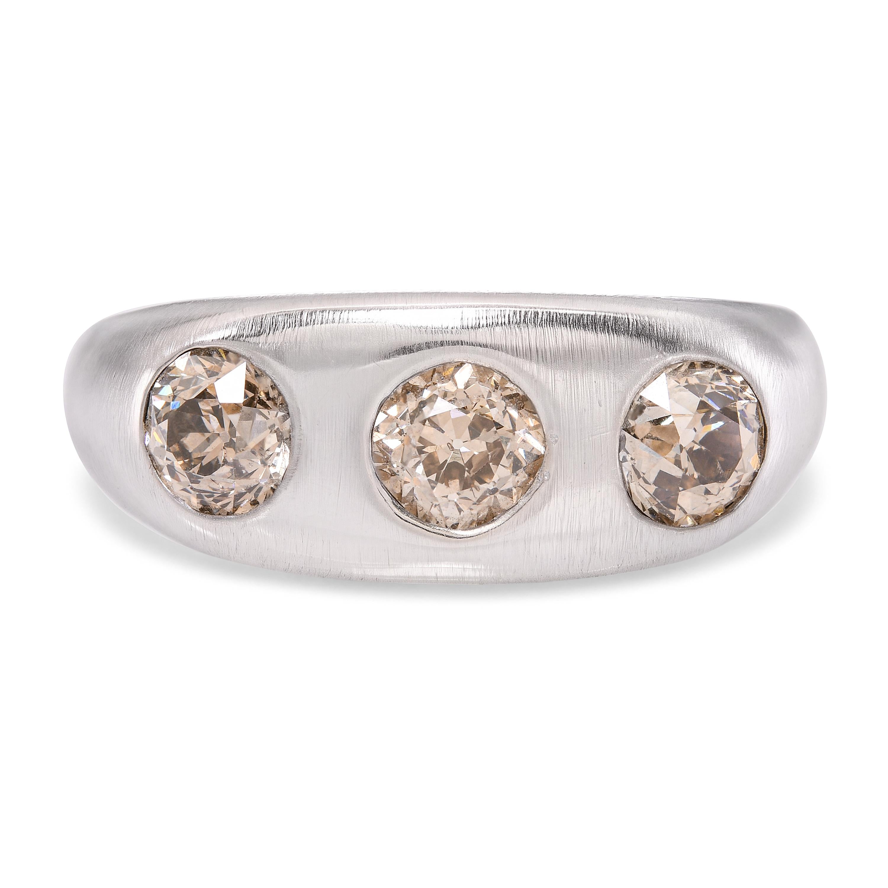 Vintage 10k White Gold Old European Cut Champagne Diamond Three Stone Ring