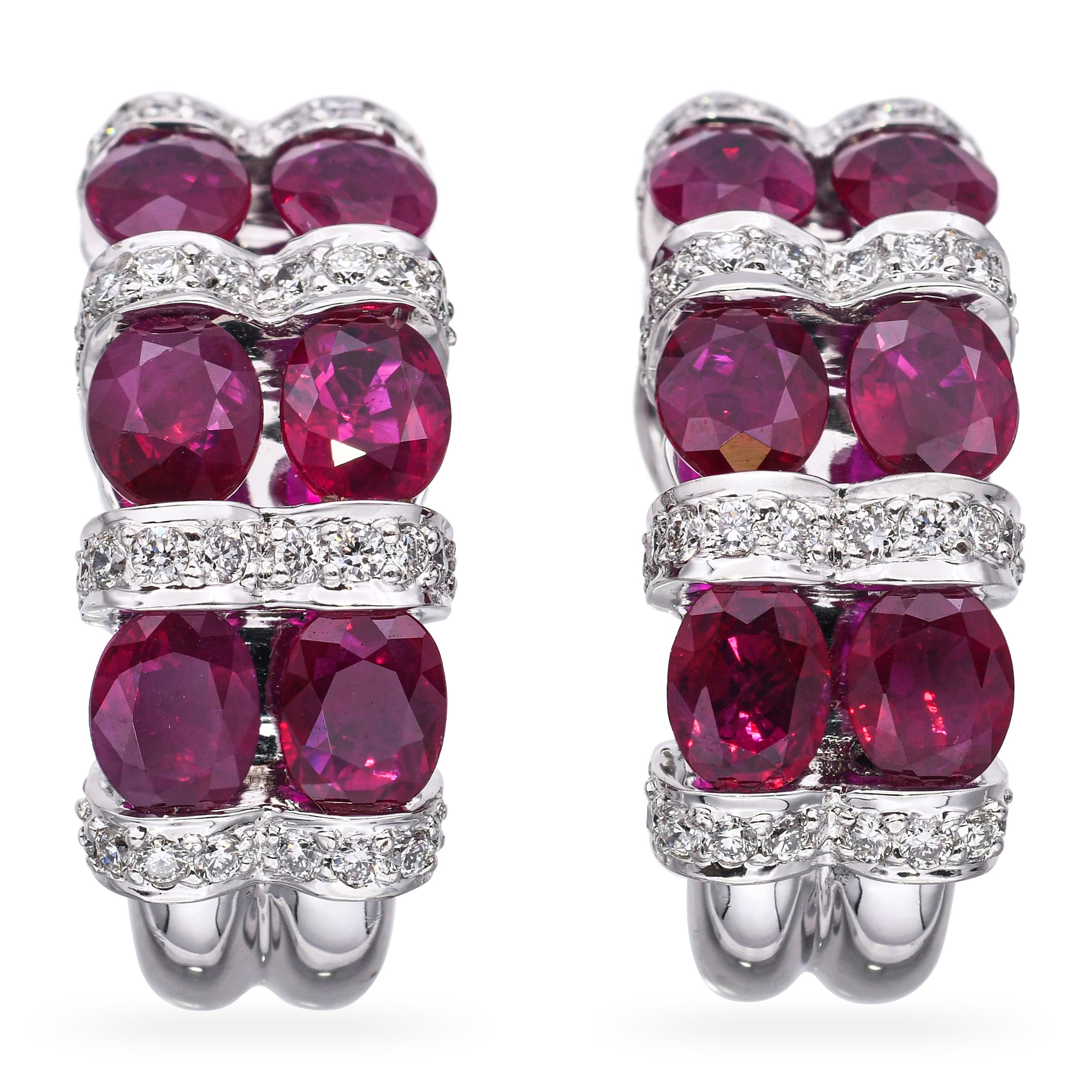 18k White Gold 5.10tcw Ruby and 0.54tcw Diamond Half Hoop Earrings