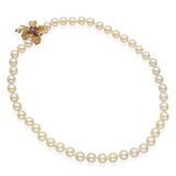 Vintage 14k Yellow Gold Ruby Diamond Pearl Beaded Strand Flower Clasp Necklace