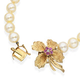 Vintage 14k Yellow Gold Ruby Diamond Pearl Beaded Strand Flower Clasp Necklace