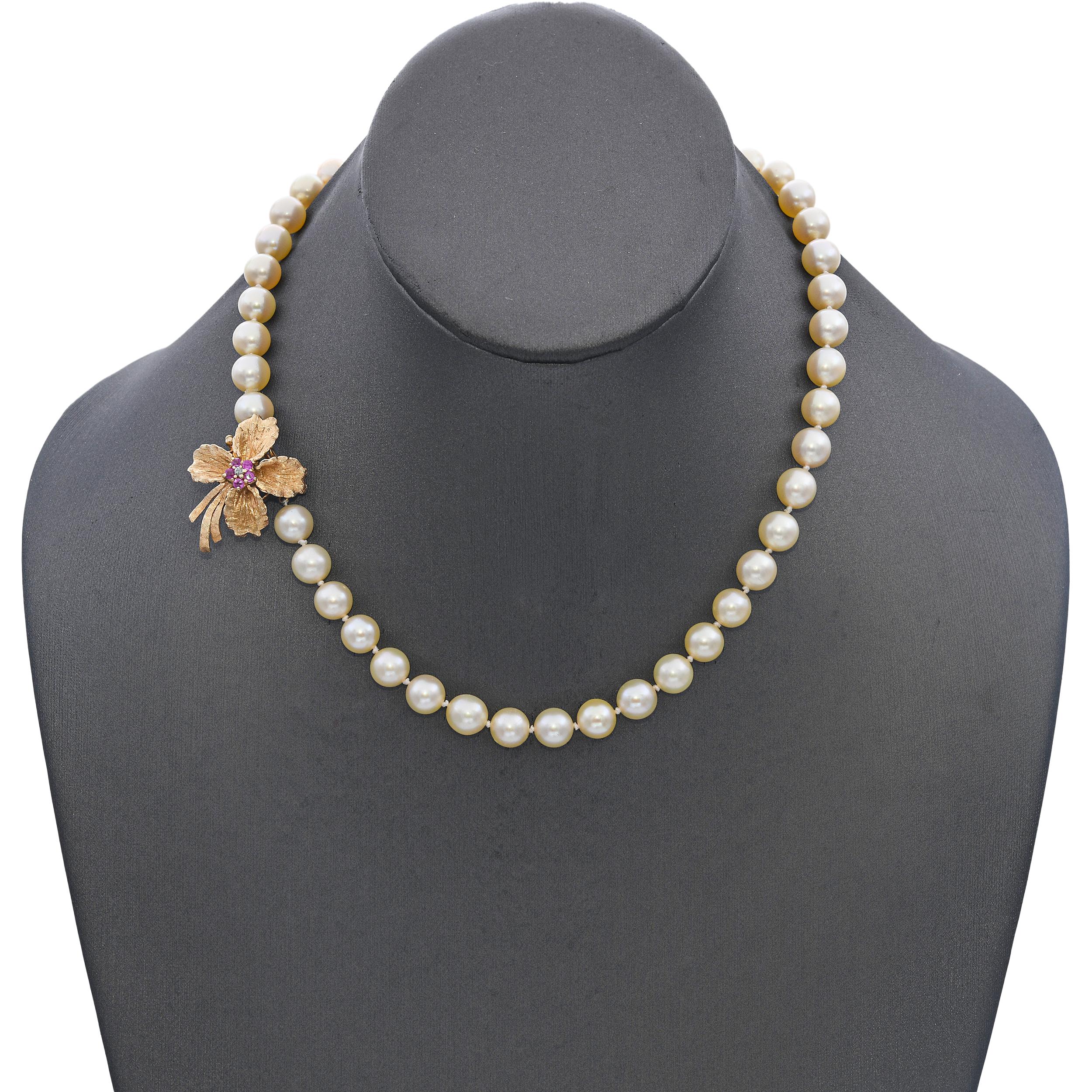 Vintage 14k Yellow Gold Ruby Diamond Pearl Beaded Strand Flower Clasp Necklace