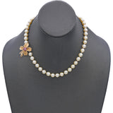 Vintage 14k Yellow Gold Ruby Diamond Pearl Beaded Strand Flower Clasp Necklace