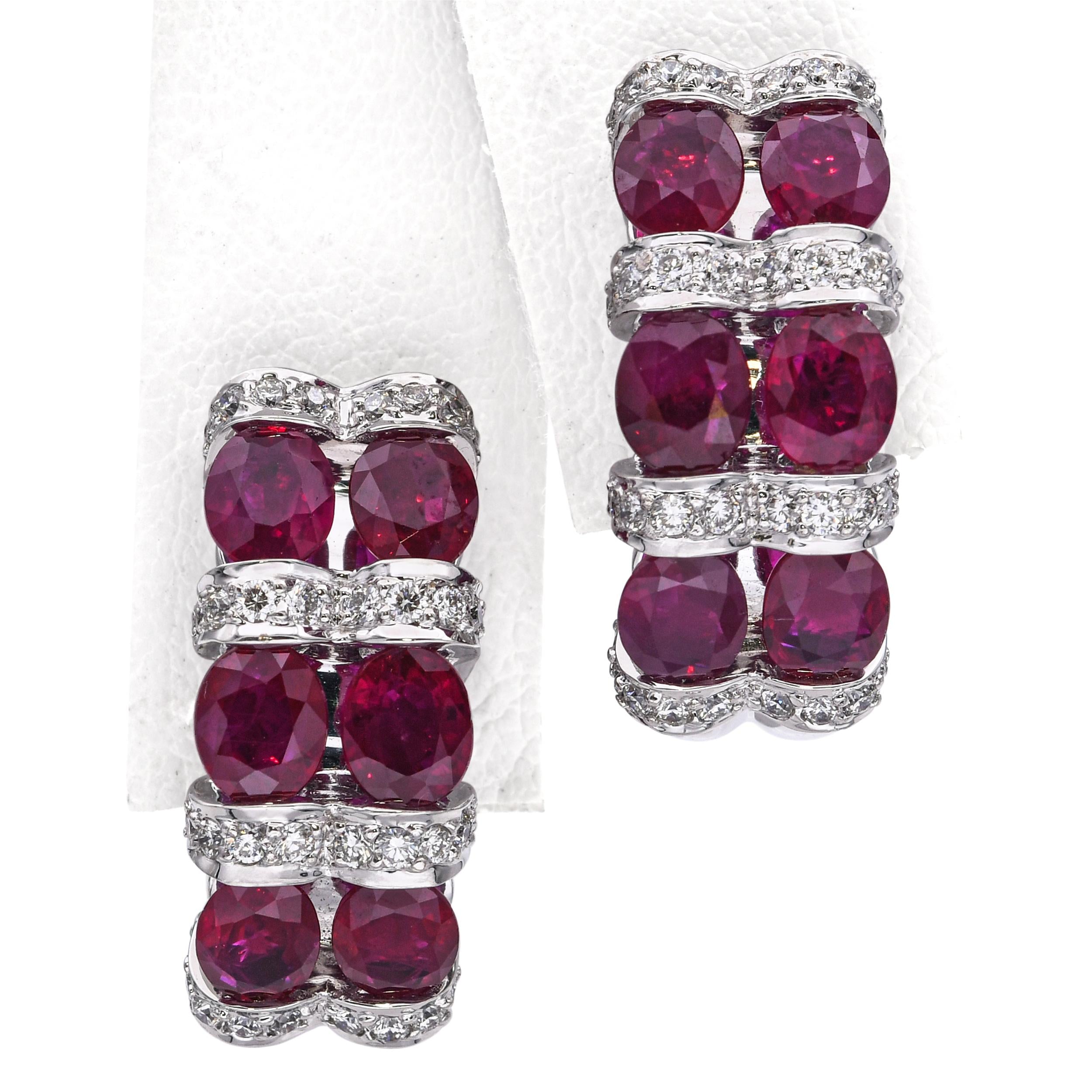 18k White Gold 5.10tcw Ruby and 0.54tcw Diamond Half Hoop Earrings