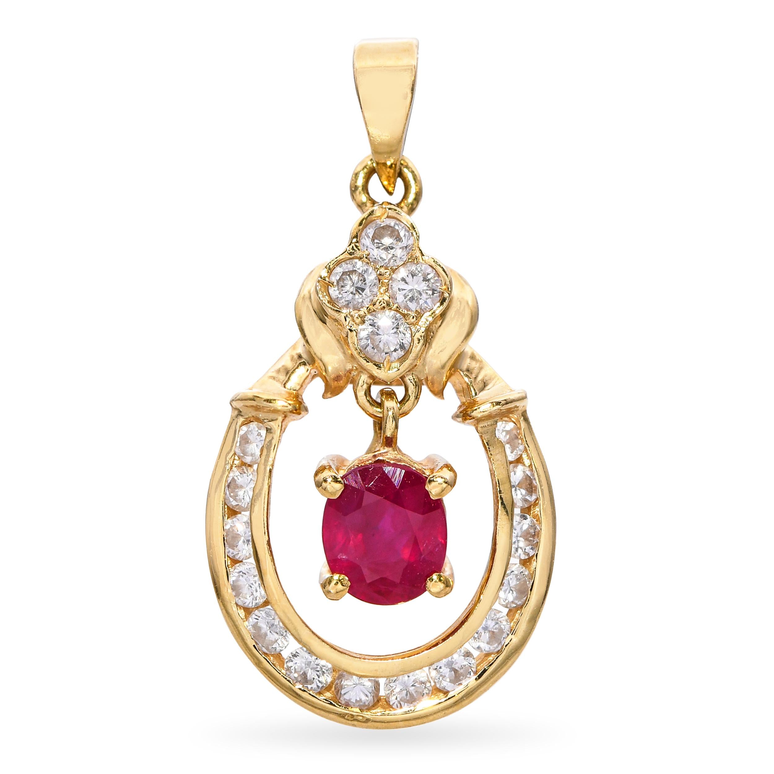 Vintage 14k Yellow Gold Ruby and Diamond Horseshoe Pendant