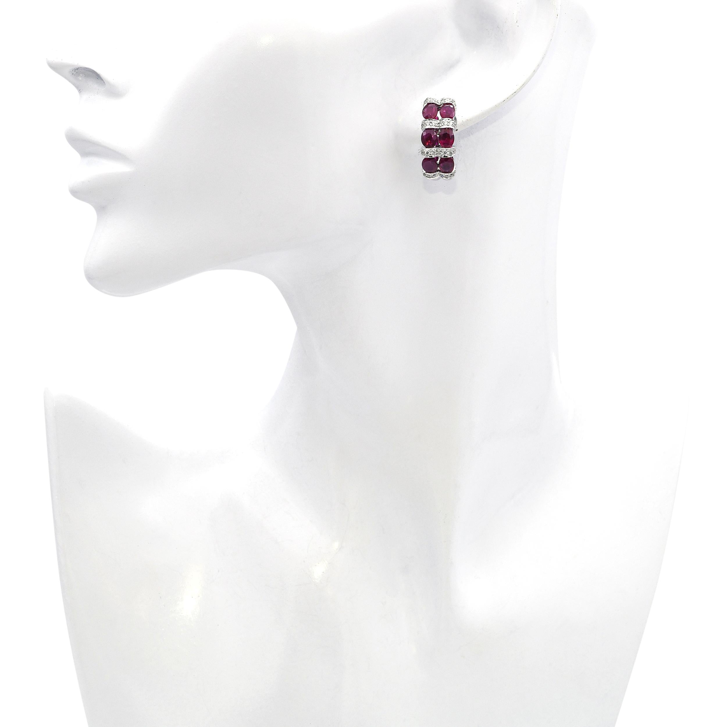 18k White Gold 5.10tcw Ruby and 0.54tcw Diamond Half Hoop Earrings