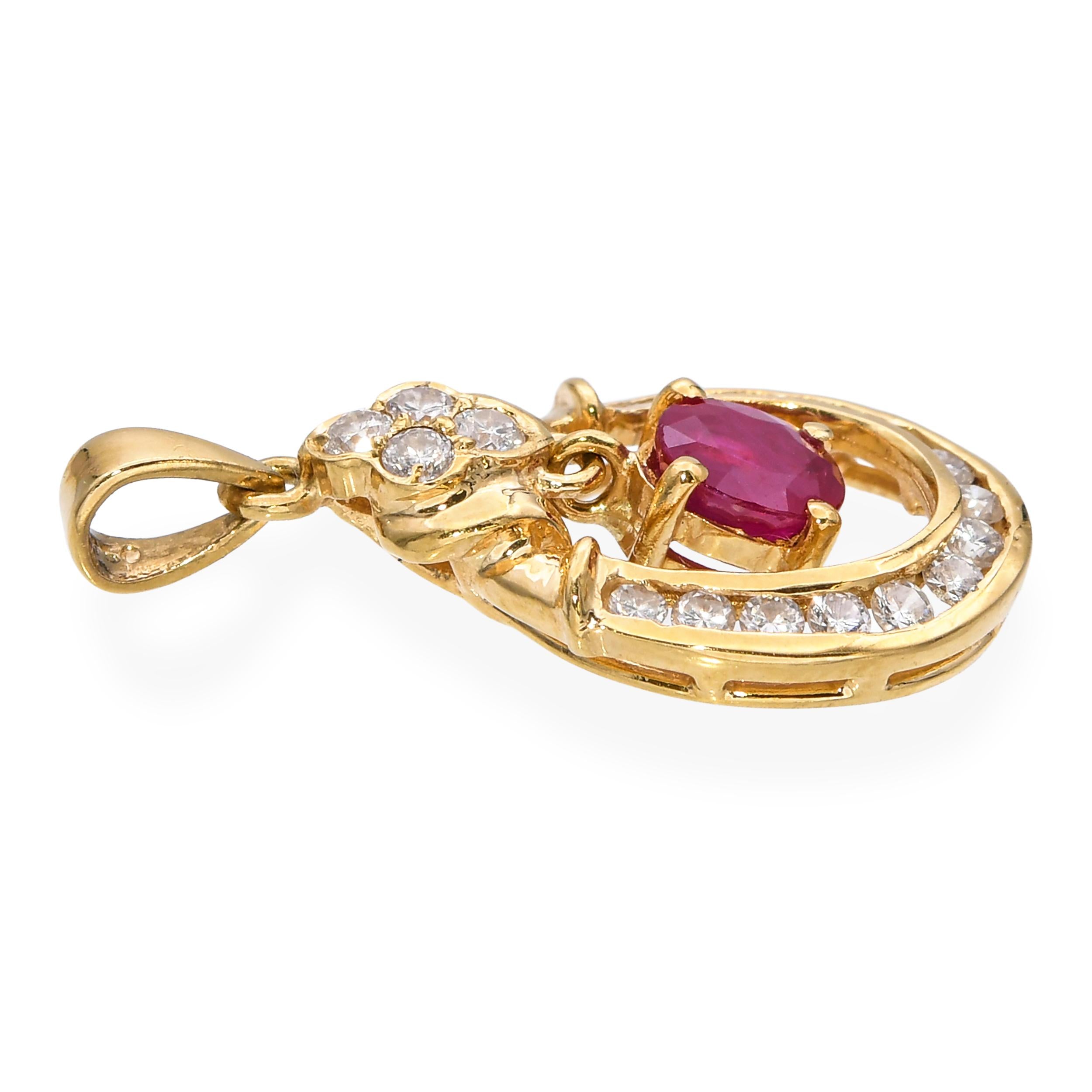 Vintage 14k Yellow Gold Ruby and Diamond Horseshoe Pendant