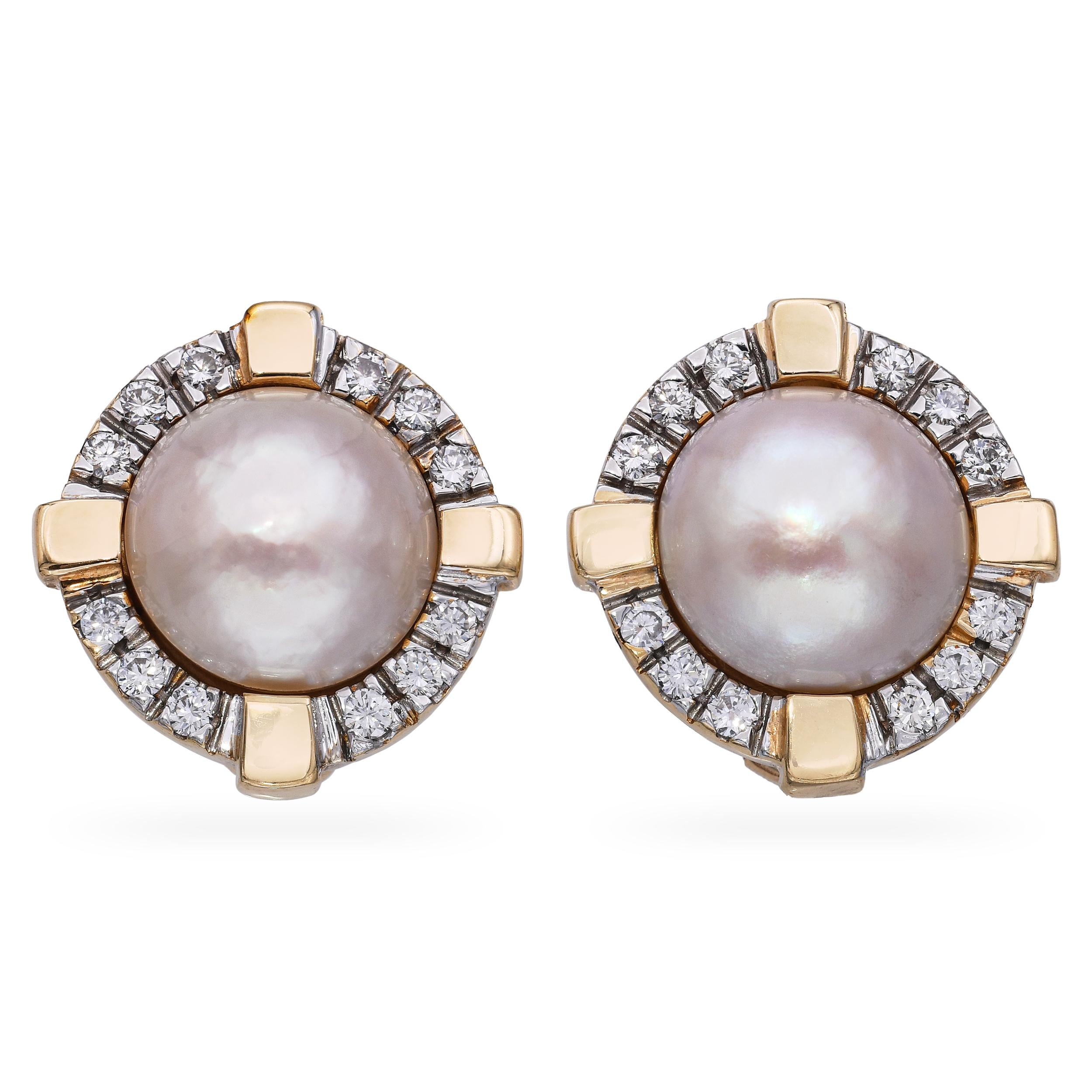 Vintage 14k Yellow Gold 0.72tcw Diamond and Mabe Pearl Earrings