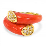 Vintage 18k Yellow Gold Diamond and Red Coral Bypass Ring