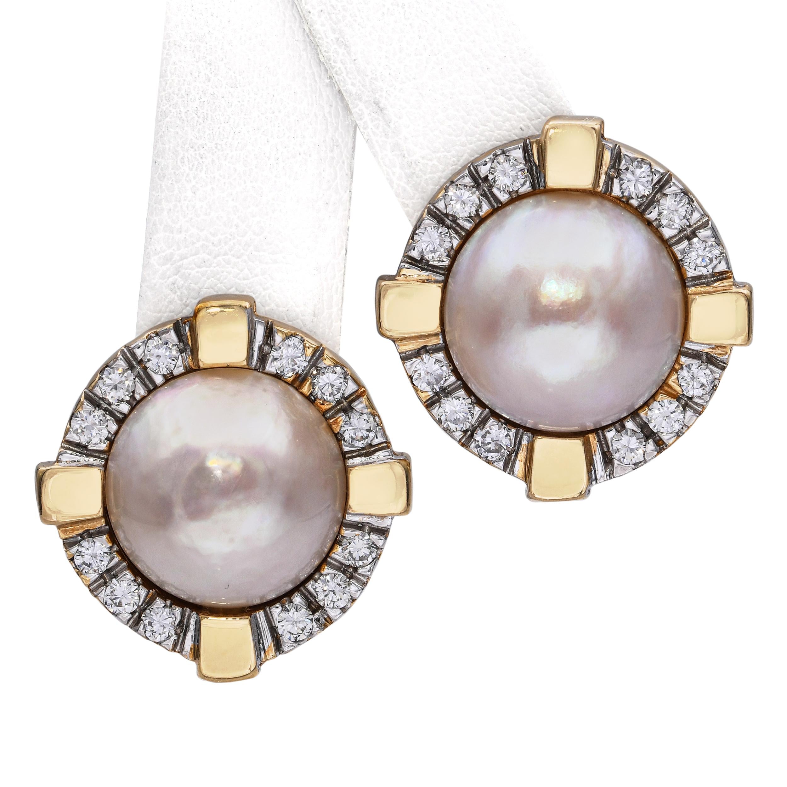 Vintage 14k Yellow Gold 0.72tcw Diamond and Mabe Pearl Earrings