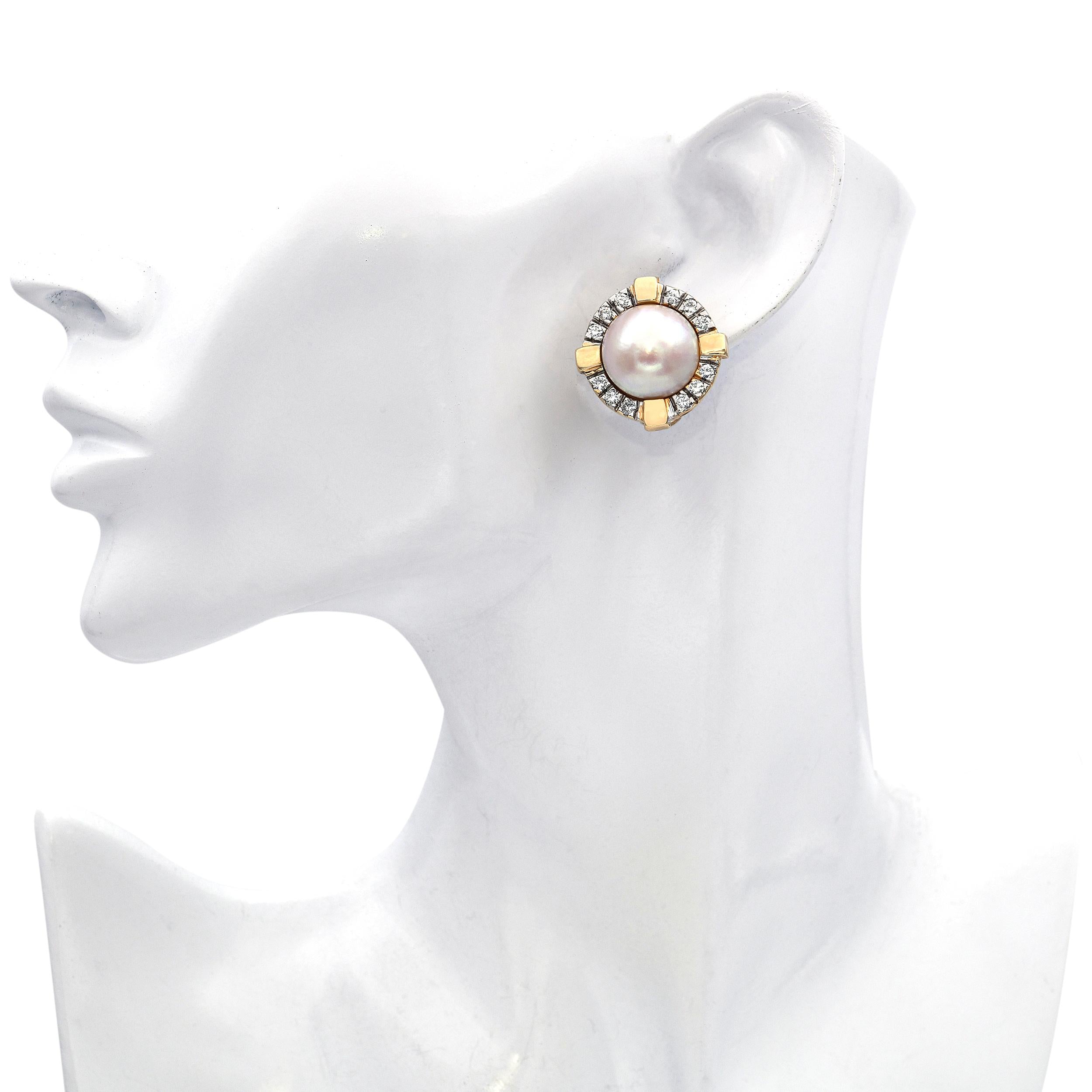 Vintage 14k Yellow Gold 0.72tcw Diamond and Mabe Pearl Earrings