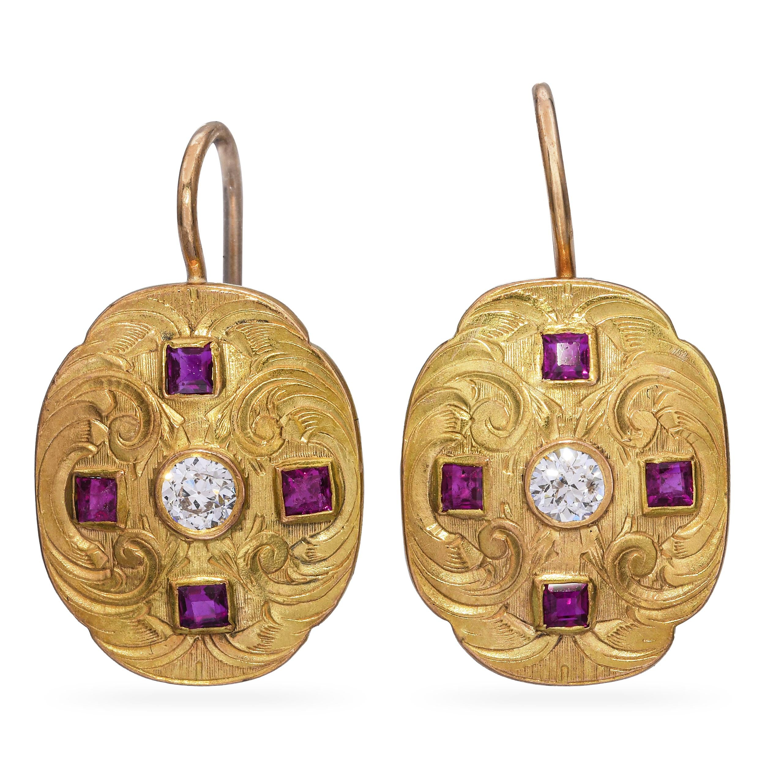 Vintage 14k Yellow Gold Old European Cut Diamond and Ruby Shield Earrings