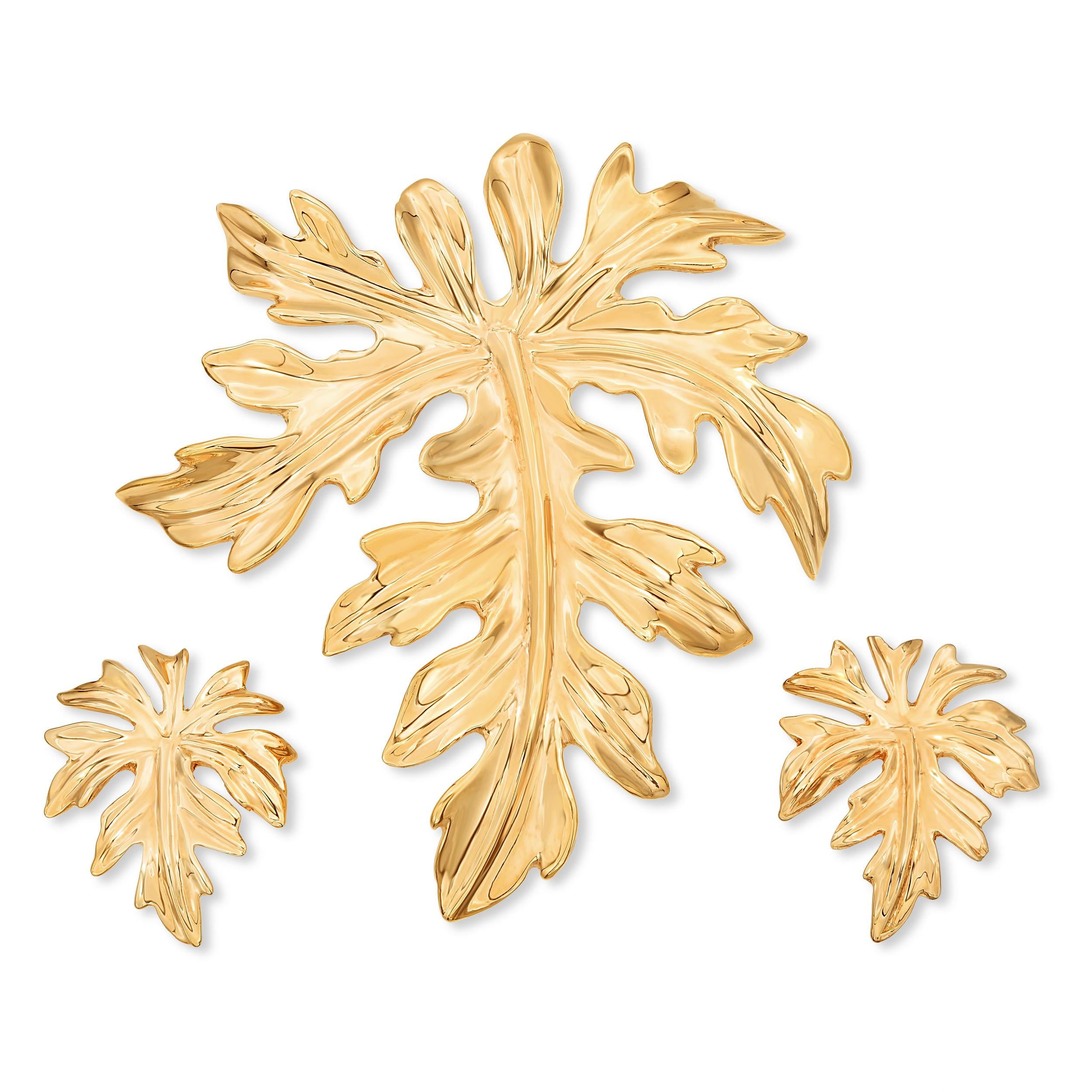 Vintage Ming's Honolulu 14k Yellow Gold Papaya Leaf Jewelry Set