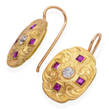 Vintage 14k Yellow Gold Old European Cut Diamond and Ruby Shield Earrings