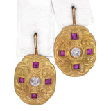 Vintage 14k Yellow Gold Old European Cut Diamond and Ruby Shield Earrings