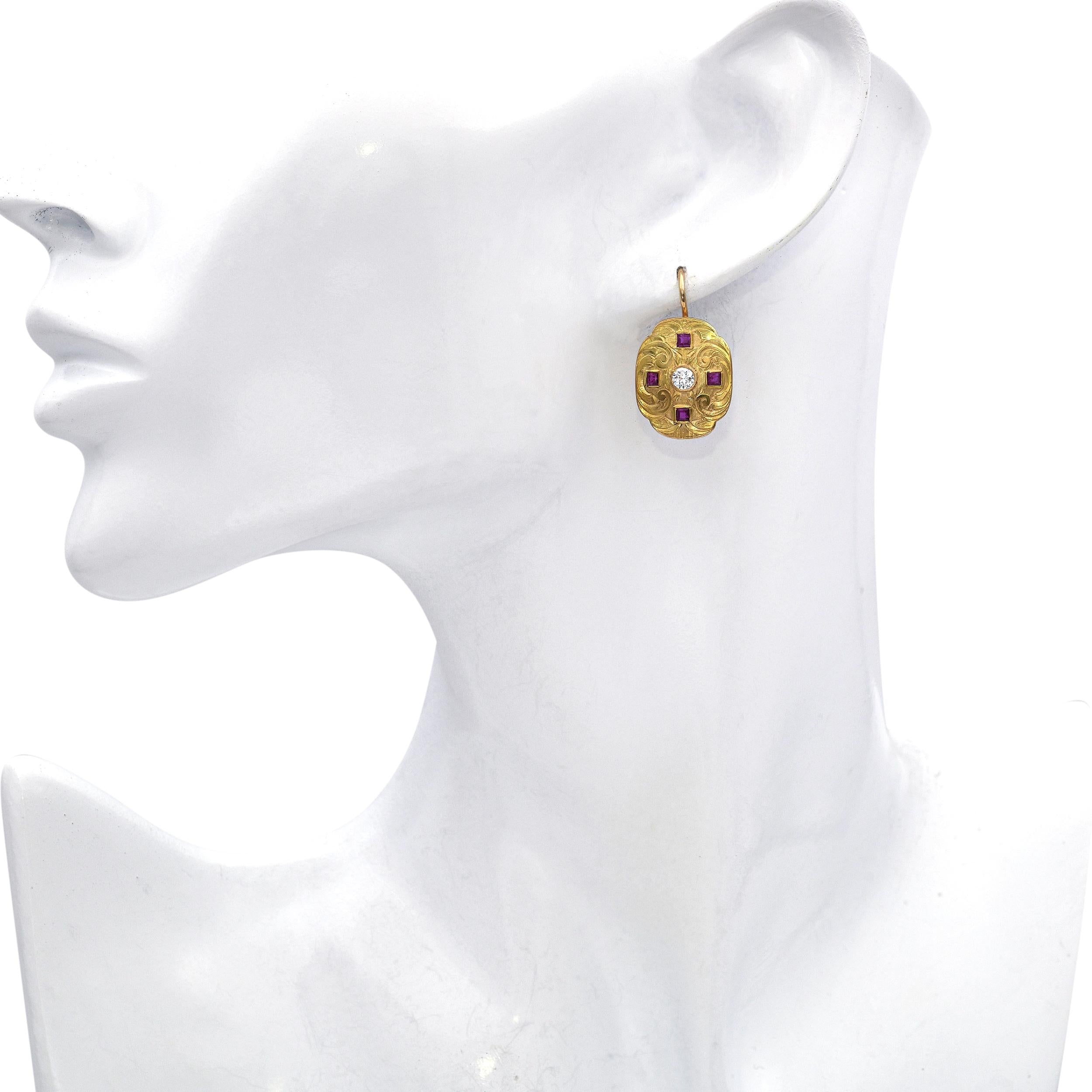 Vintage 14k Yellow Gold Old European Cut Diamond and Ruby Shield Earrings