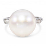 Vintage Platinum South Sea Pearl and Baguette Cut Diamond Ring