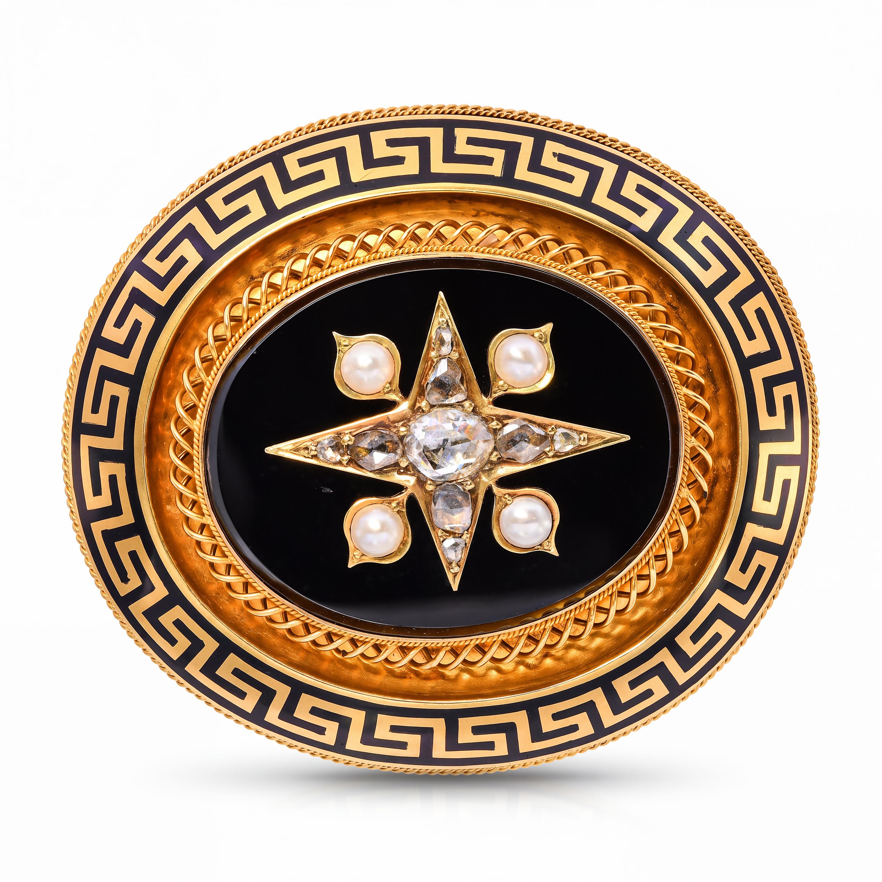 Victorian 19k Yellow Gold Rose Cut Diamond, Pearl, & Onyx Mourning Brooch