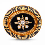 Victorian 19k Yellow Gold Rose Cut Diamond, Pearl, & Onyx Mourning Brooch