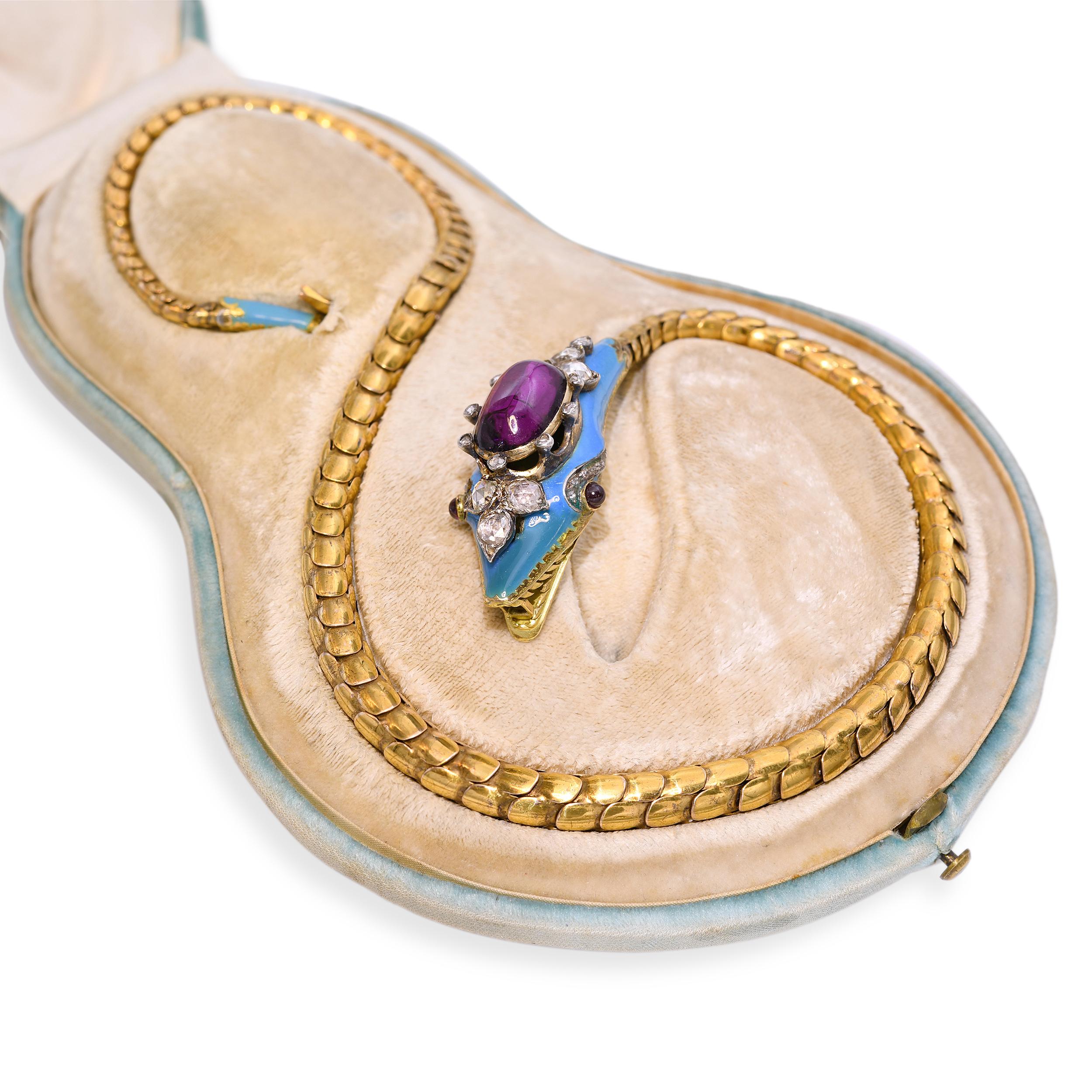 Antique 19k Yellow Gold Rhodolite, Diamond & Enamel Serpentine Necklace