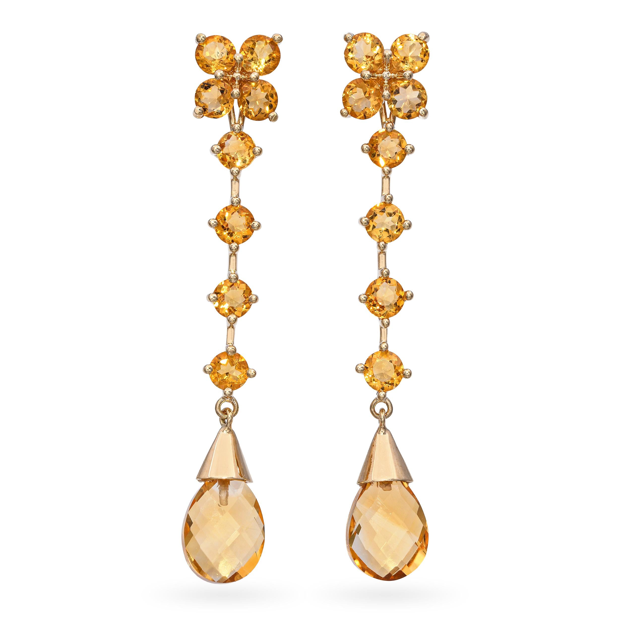 14k Yellow Gold Citrine Stud & Drop Jacket Floral Motif Earrings