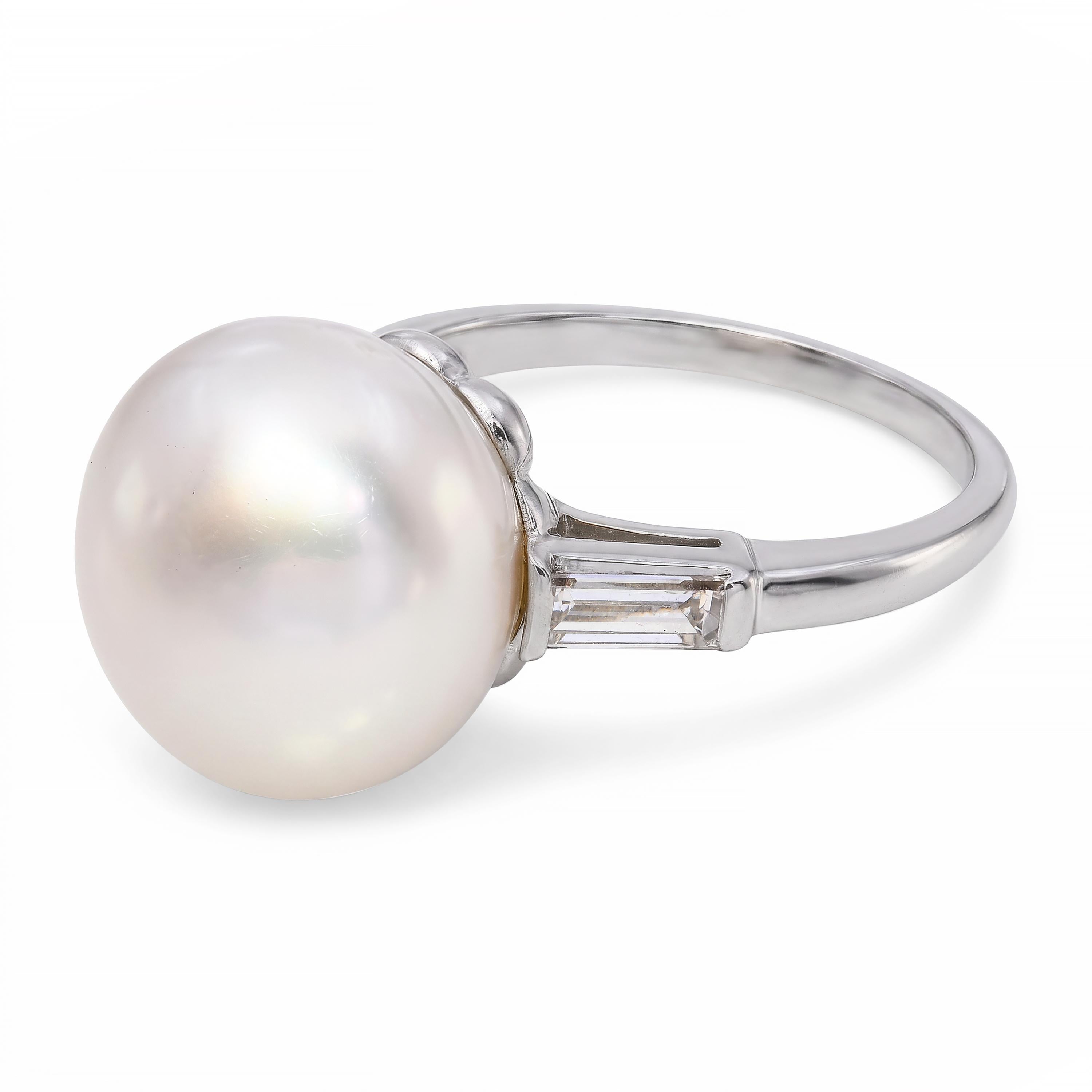 Vintage Platinum South Sea Pearl and Baguette Cut Diamond Ring