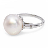 Vintage Platinum South Sea Pearl and Baguette Cut Diamond Ring