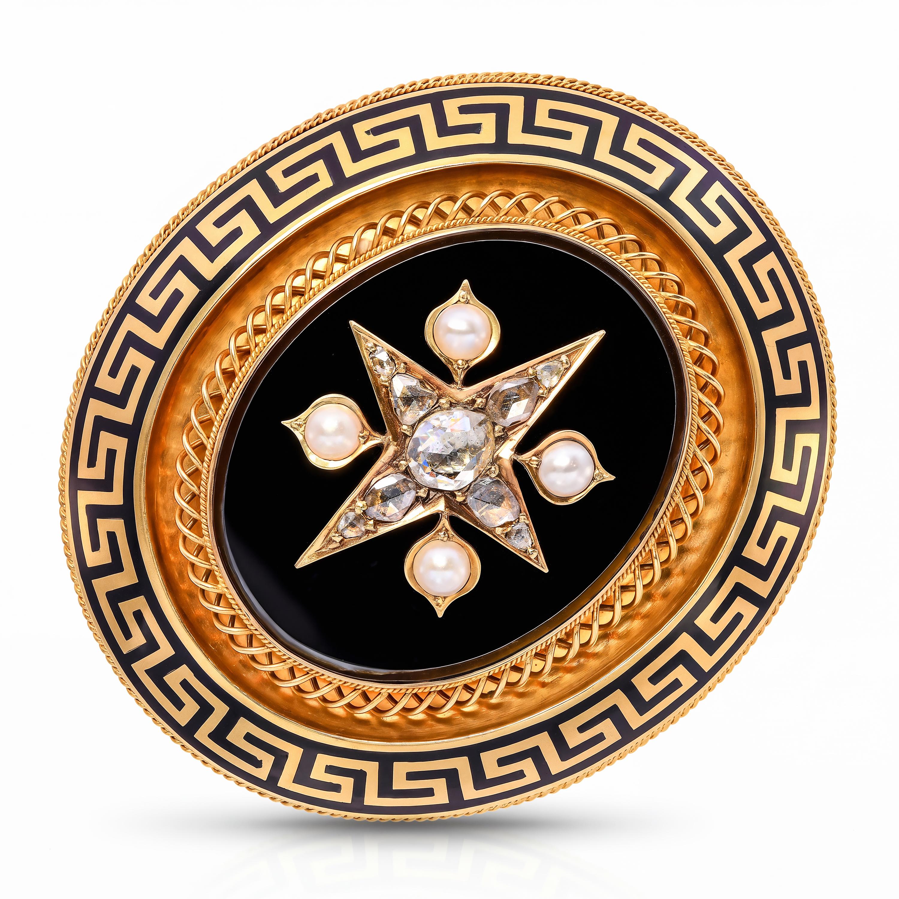 Victorian 19k Yellow Gold Rose Cut Diamond, Pearl, & Onyx Mourning Brooch