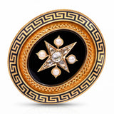 Victorian 19k Yellow Gold Rose Cut Diamond, Pearl, & Onyx Mourning Brooch