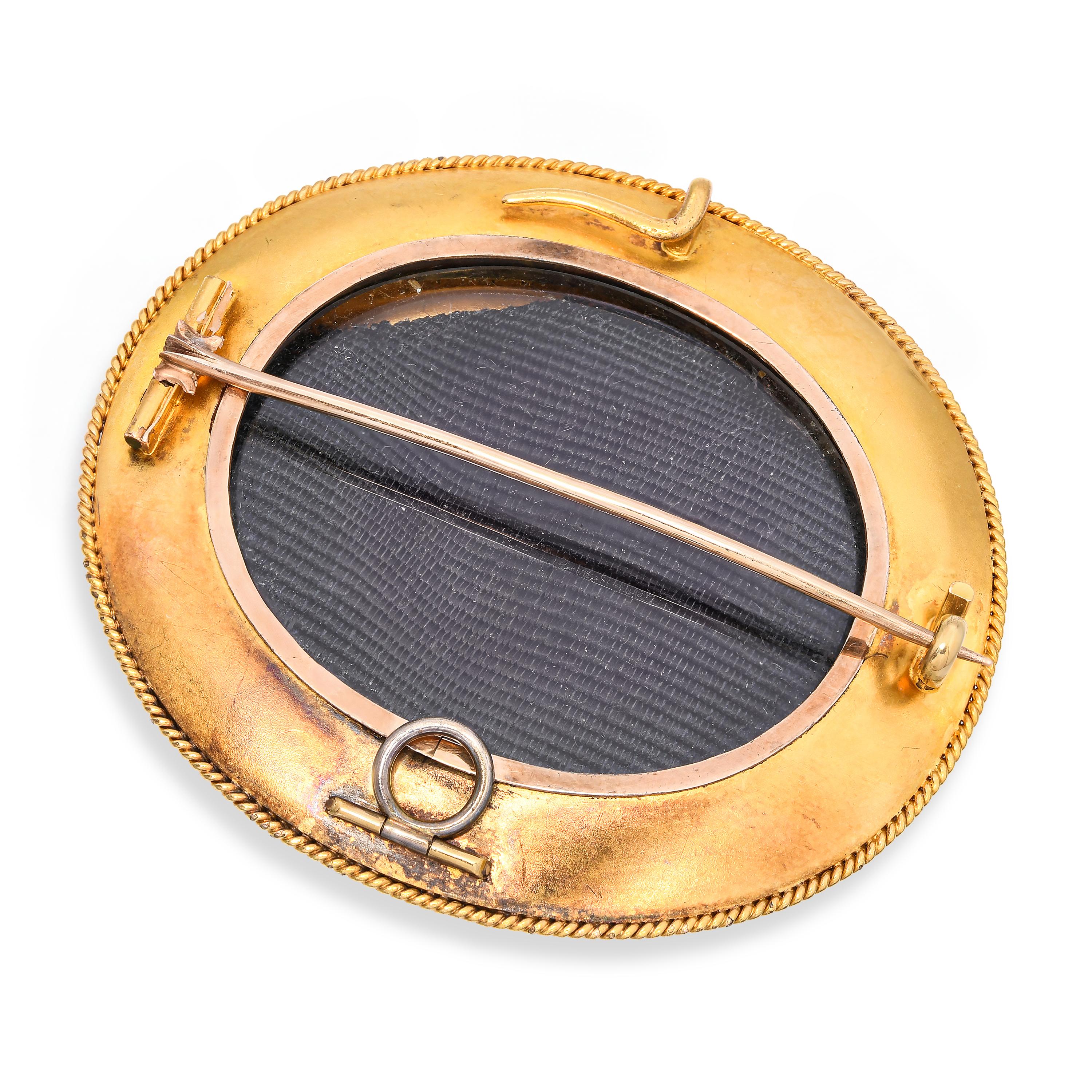 Victorian 19k Yellow Gold Rose Cut Diamond, Pearl, & Onyx Mourning Brooch