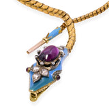 Antique 19k Yellow Gold Rhodolite, Diamond & Enamel Serpentine Necklace