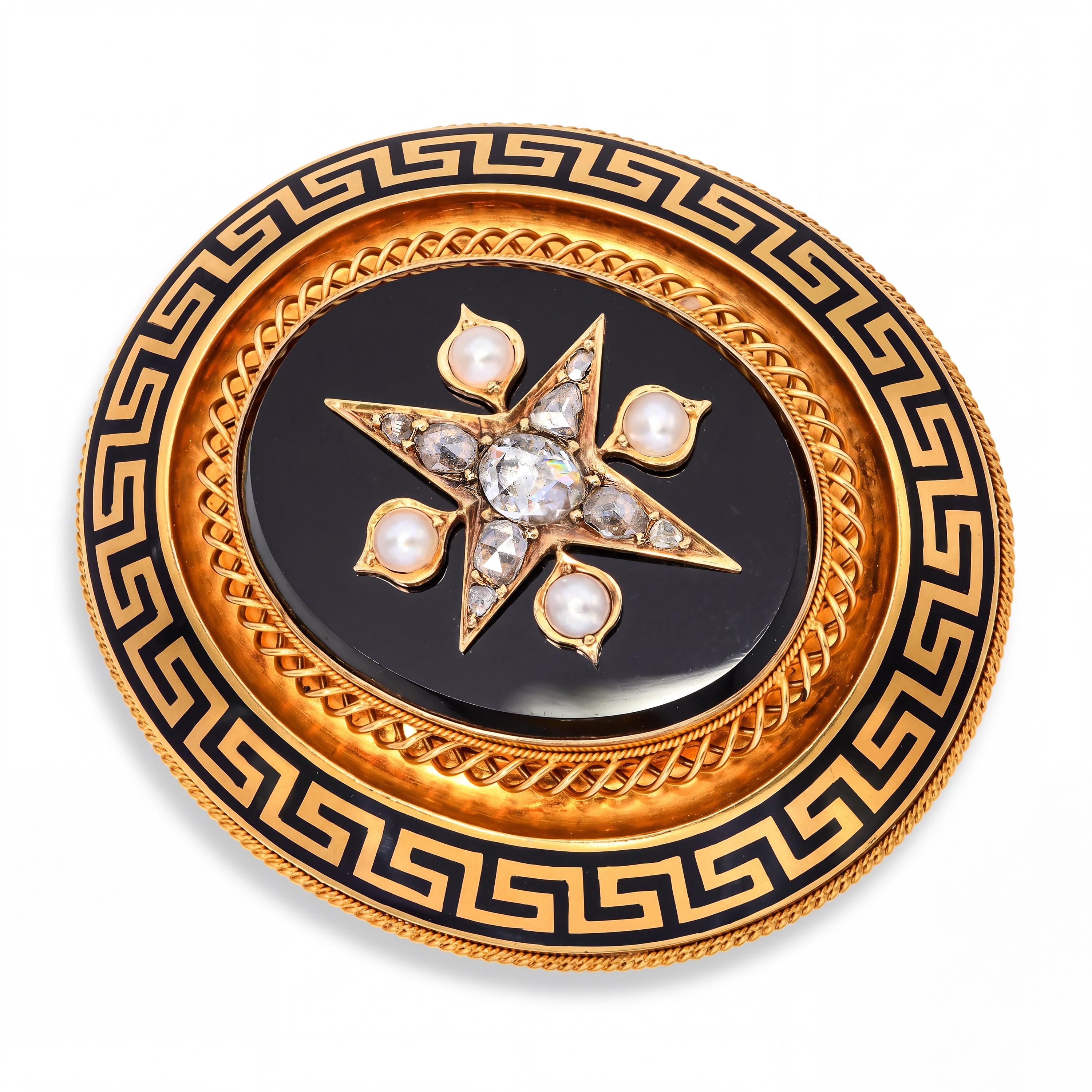 Victorian 19k Yellow Gold Rose Cut Diamond, Pearl, & Onyx Mourning Brooch