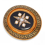 Victorian 19k Yellow Gold Rose Cut Diamond, Pearl, & Onyx Mourning Brooch