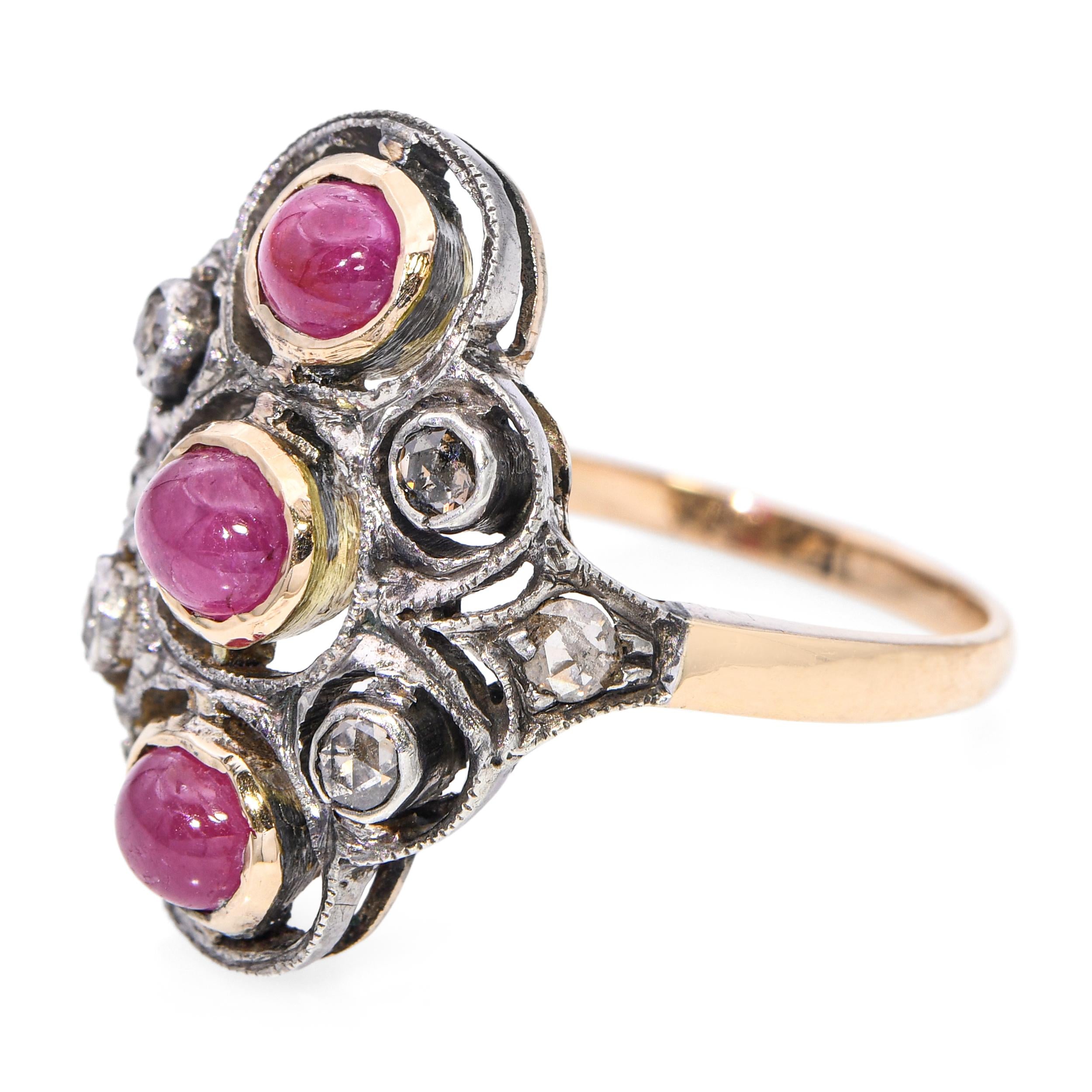 Antique Silver Topped 10k Yellow Gold 1.75tcw Ruby and Rose Cut Diamond Ring