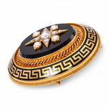 Victorian 19k Yellow Gold Rose Cut Diamond, Pearl, & Onyx Mourning Brooch