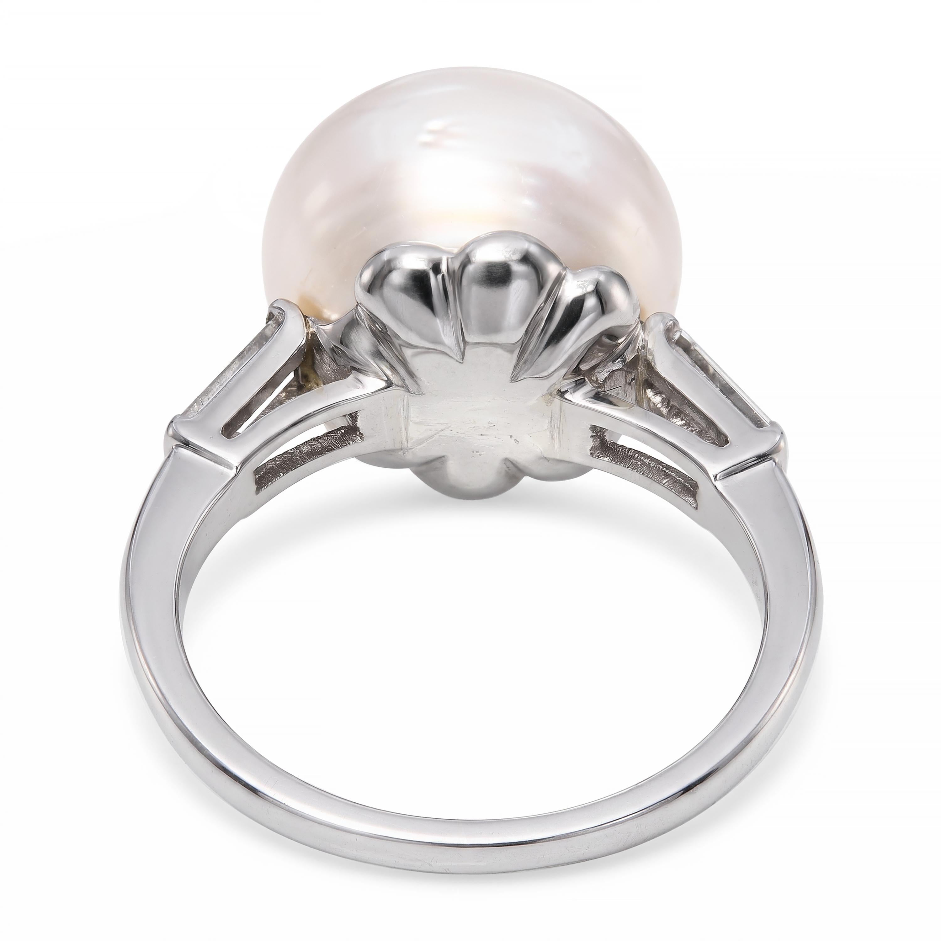 Vintage Platinum South Sea Pearl and Baguette Cut Diamond Ring