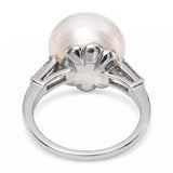 Vintage Platinum South Sea Pearl and Baguette Cut Diamond Ring