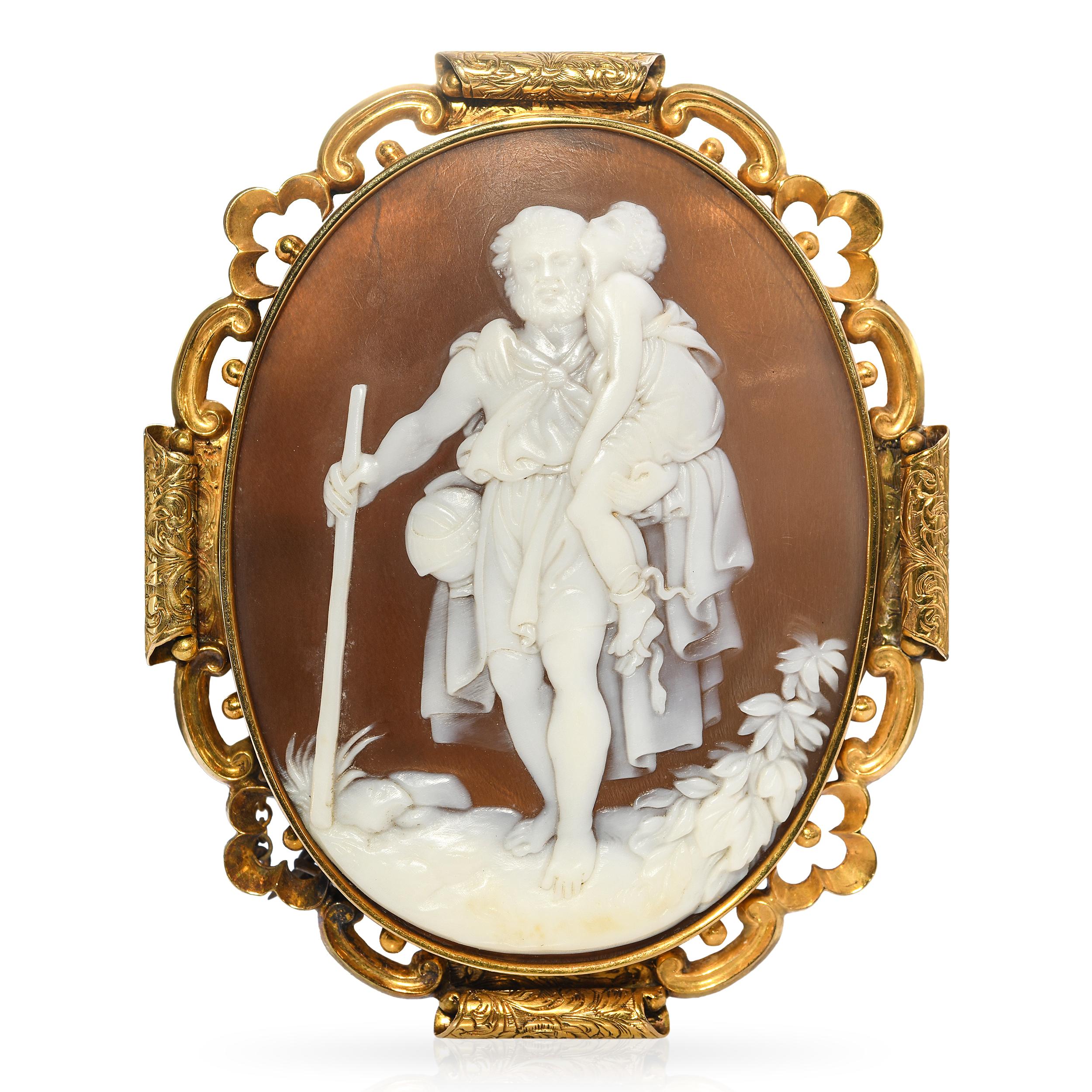 Antique Yellow Gold St Christopher Carrying Jesus Shell Cameo Brooch