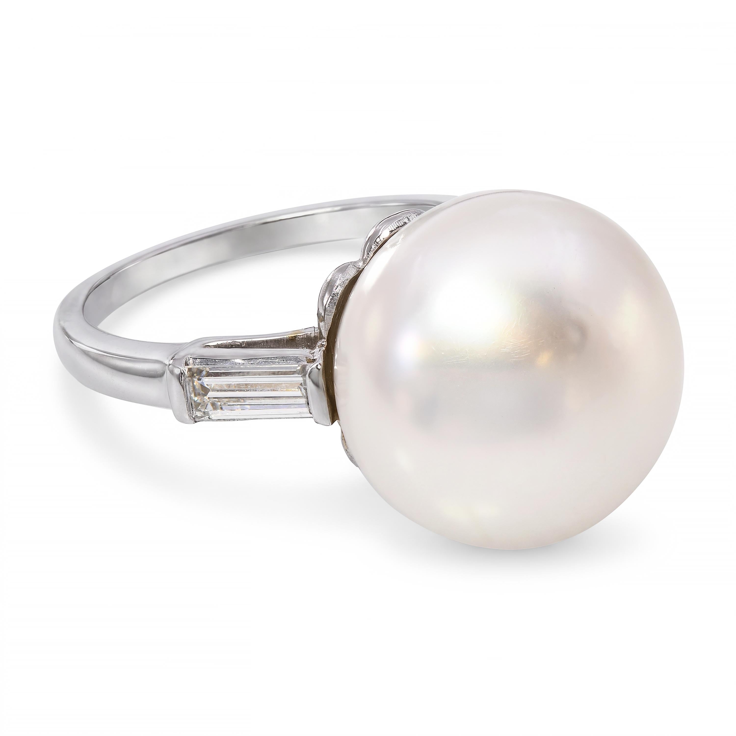 Vintage Platinum South Sea Pearl and Baguette Cut Diamond Ring