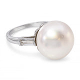 Vintage Platinum South Sea Pearl and Baguette Cut Diamond Ring