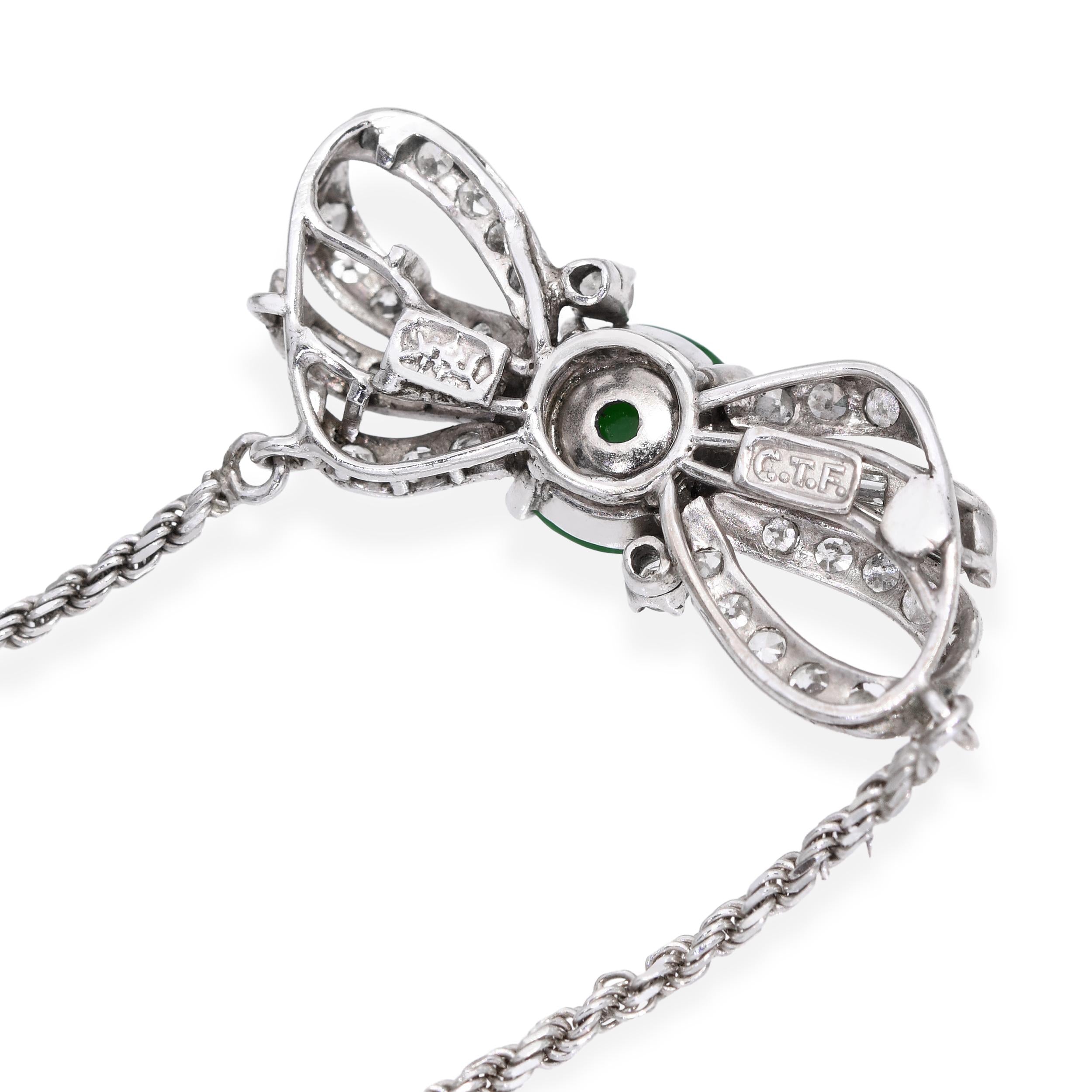 Precious Metal Alloy 1.20ct Type A Jade & Diamond Ribbon Pedant Necklace GIA