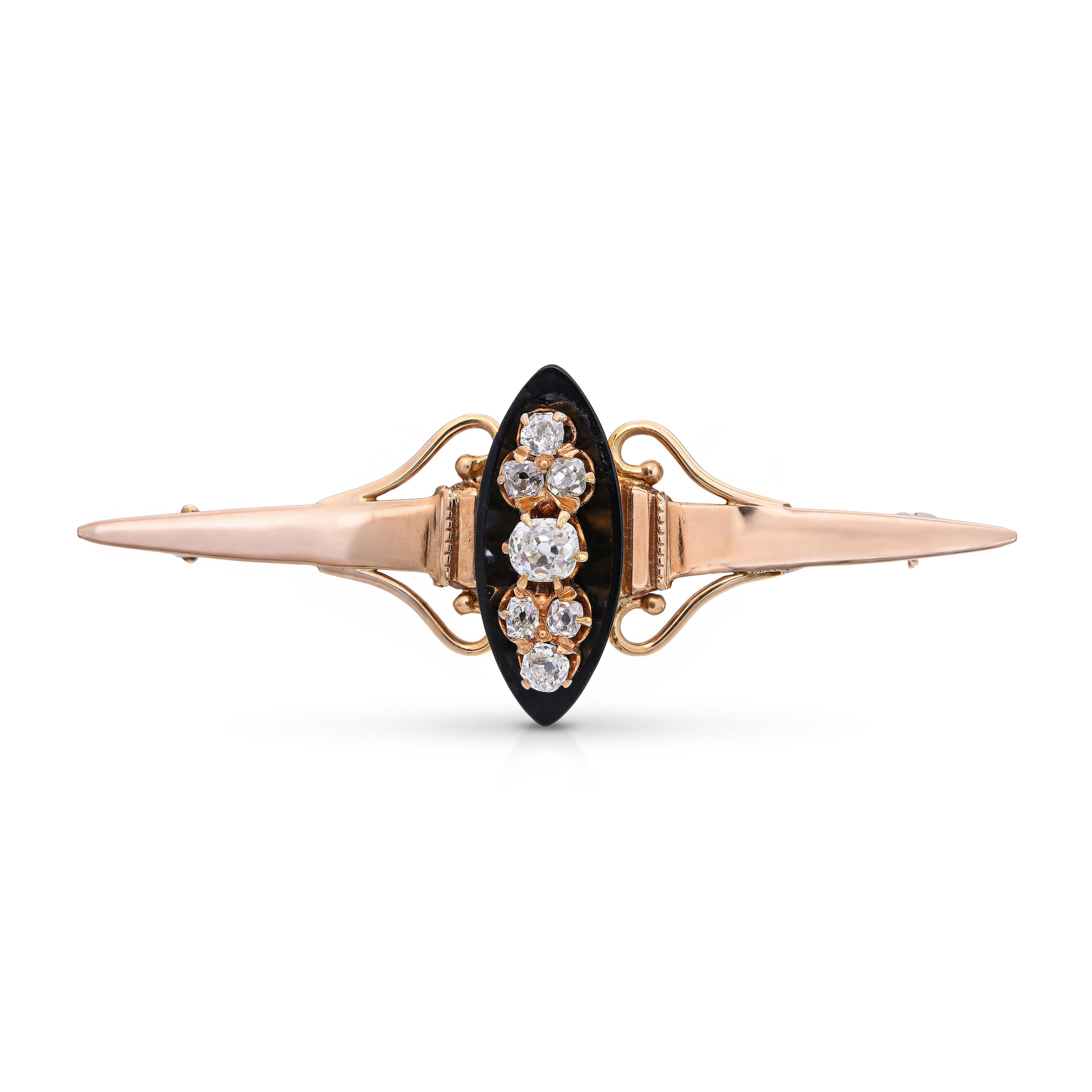 Antique Victorian 17k Yellow Gold .77ctw Old Mine Cut Diamond and Onyx Brooch