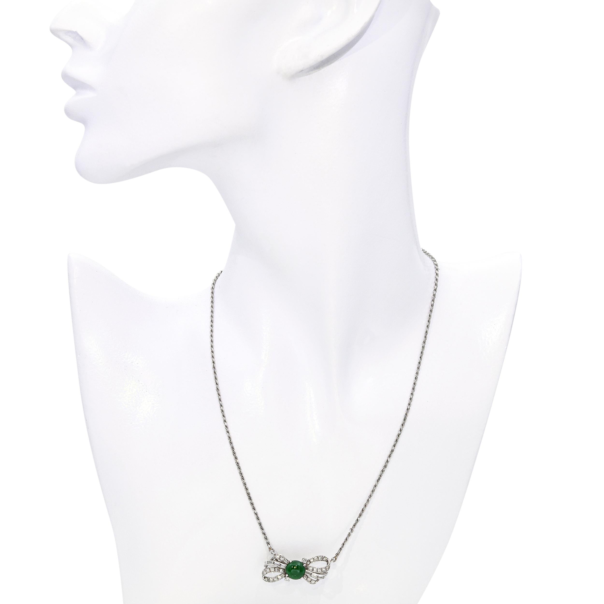 Precious Metal Alloy 1.20ct Type A Jade & Diamond Ribbon Pedant Necklace GIA