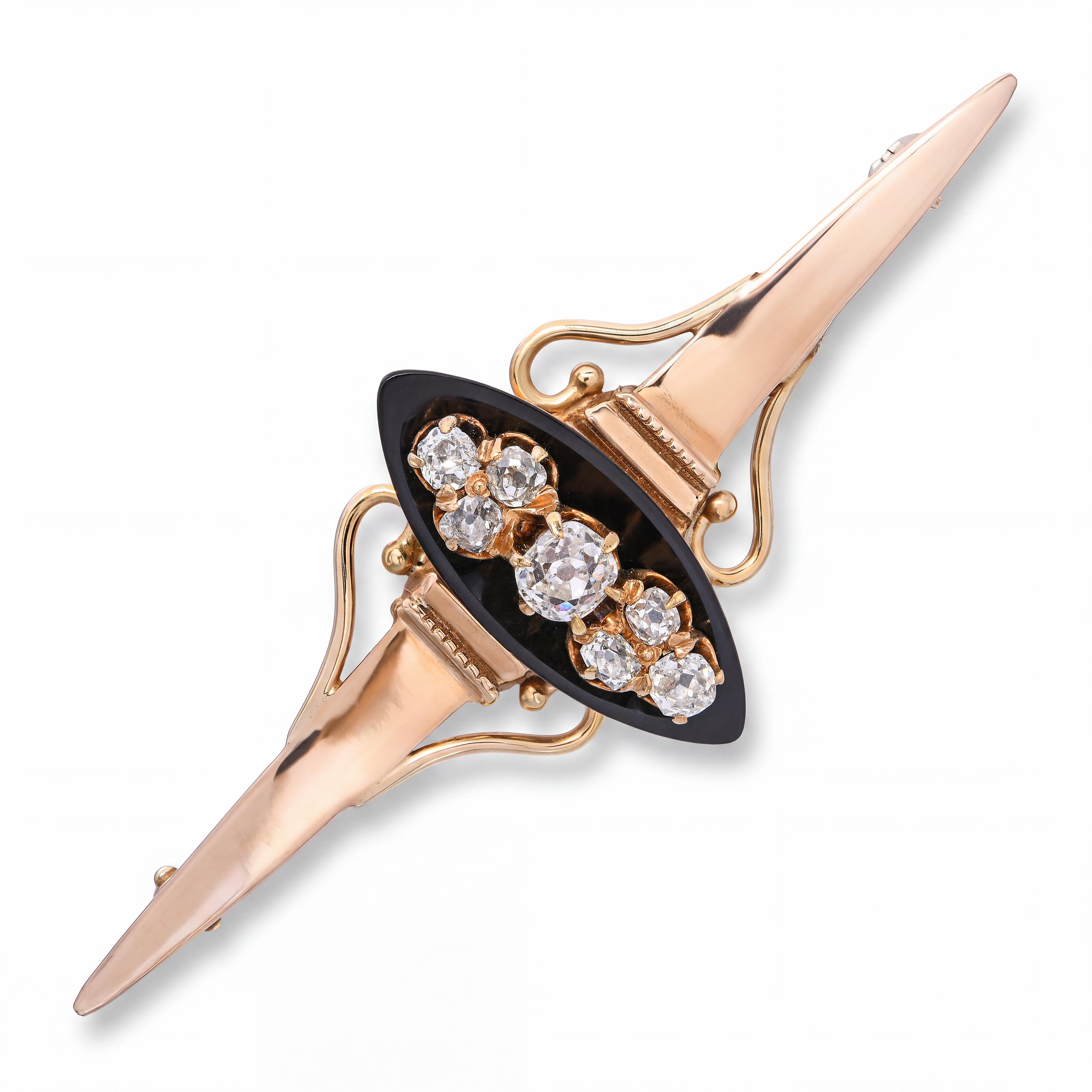 Antique Victorian 17k Yellow Gold .77ctw Old Mine Cut Diamond and Onyx Brooch