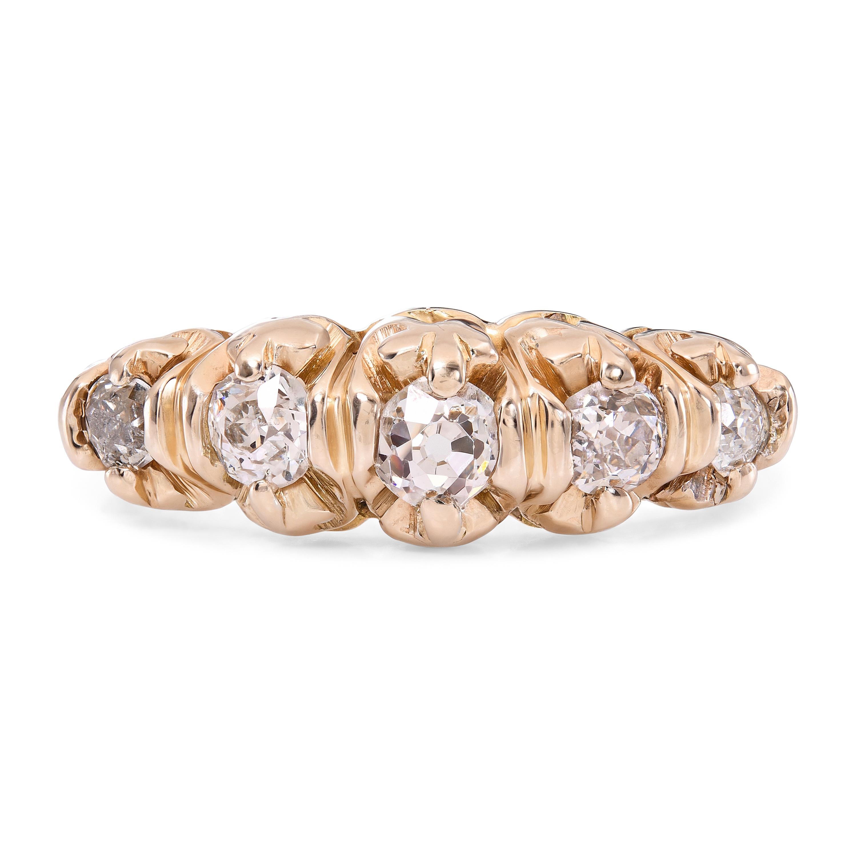 Antique Victorian 15k Yellow Gold Old European Cut Diamond Five Stone Ring
