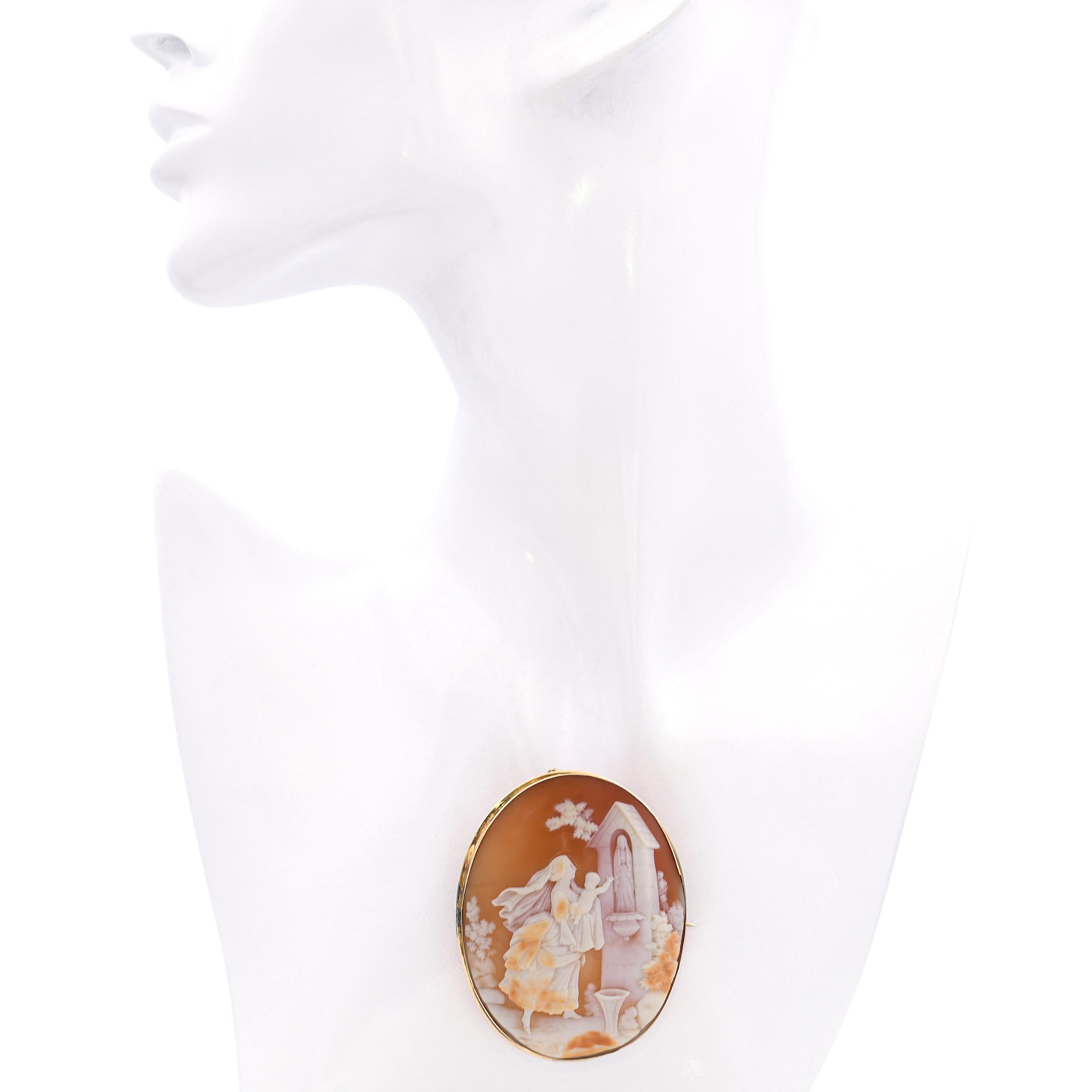Antique Yellow Gold Frame Mother Rushing Child to Grotto Shell Cameo Brooch