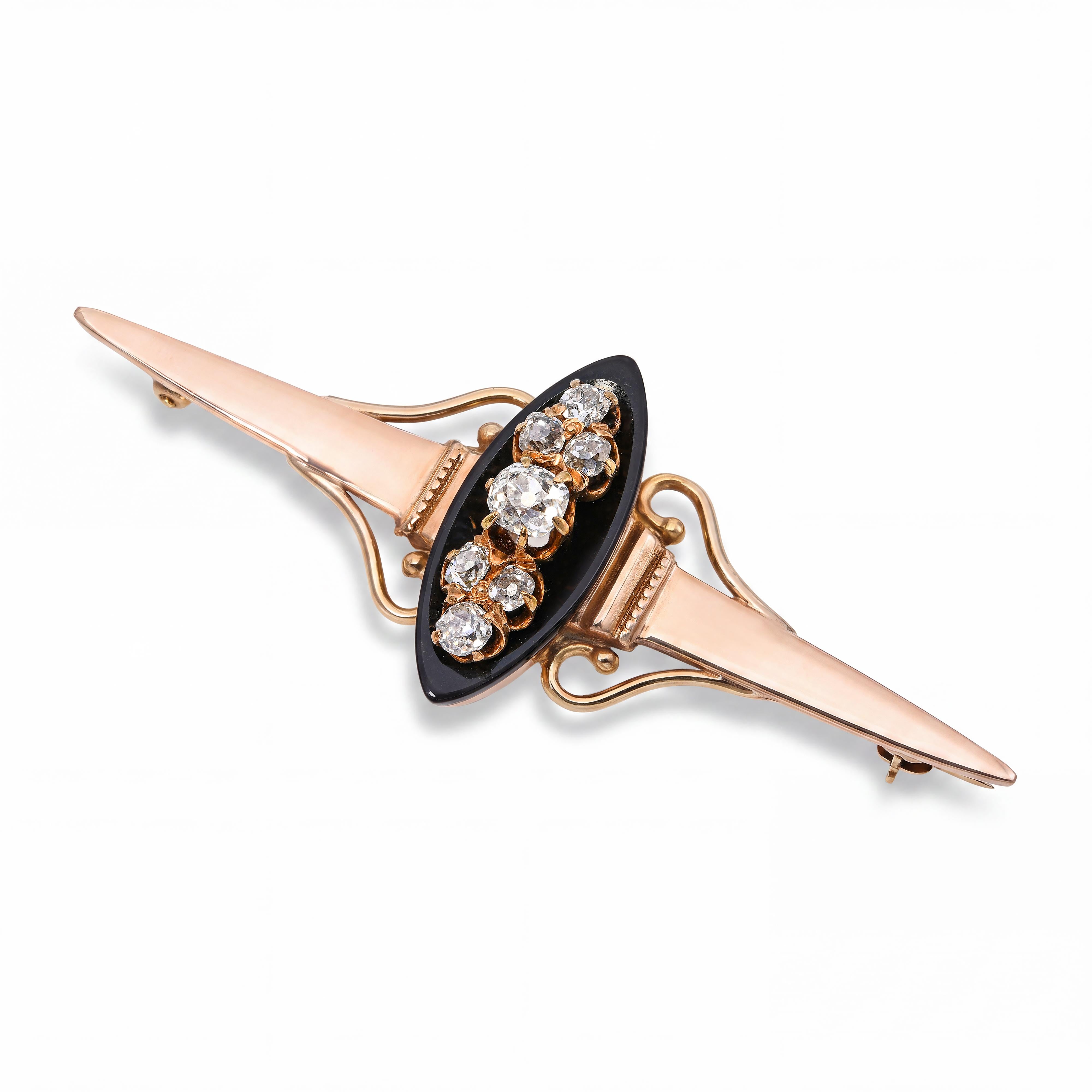 Antique Victorian 17k Yellow Gold .77ctw Old Mine Cut Diamond and Onyx Brooch