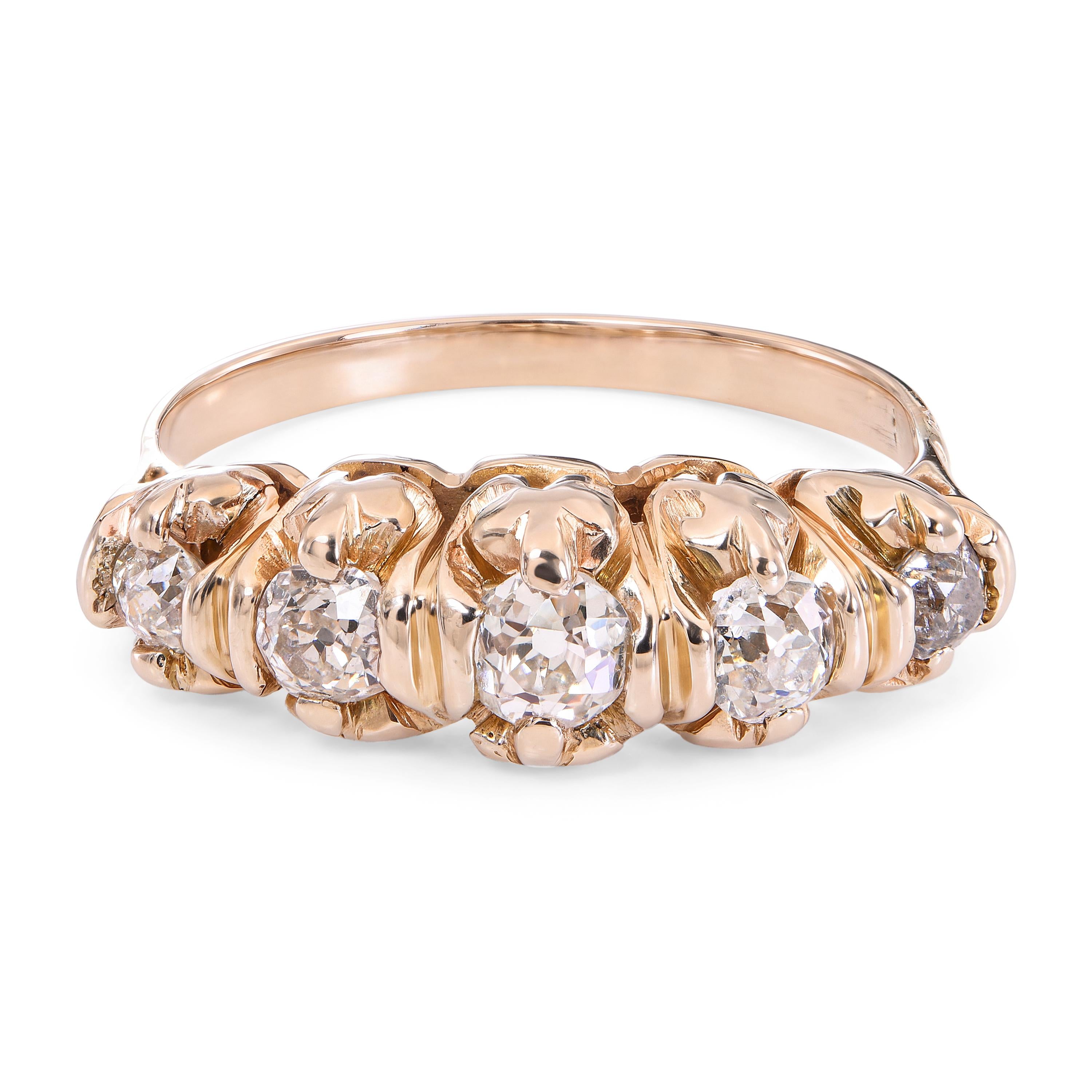 Antique Victorian 15k Yellow Gold Old European Cut Diamond Five Stone Ring