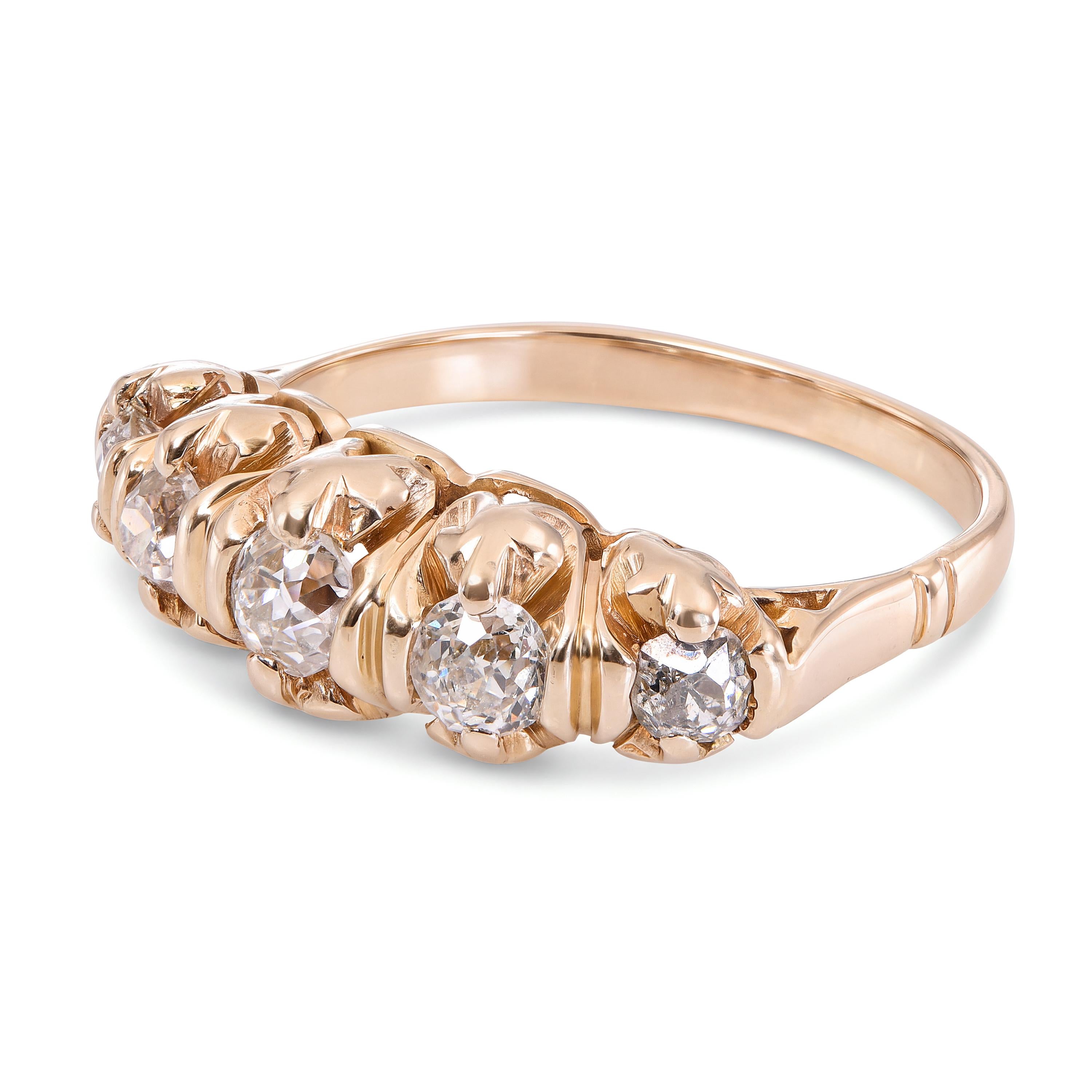 Antique Victorian 15k Yellow Gold Old European Cut Diamond Five Stone Ring